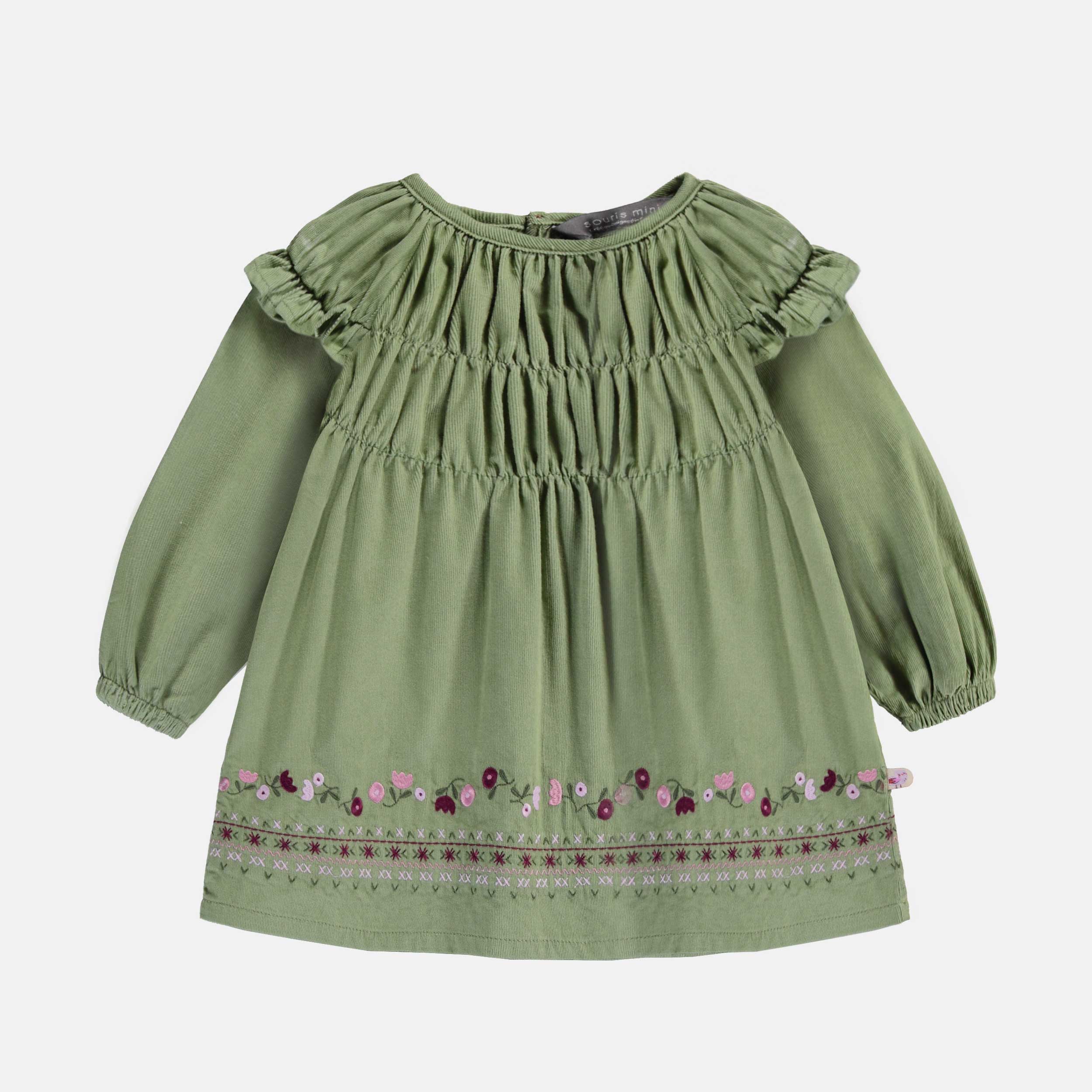 Robe vert olive avec fronces et broderies en corduroy, bébé