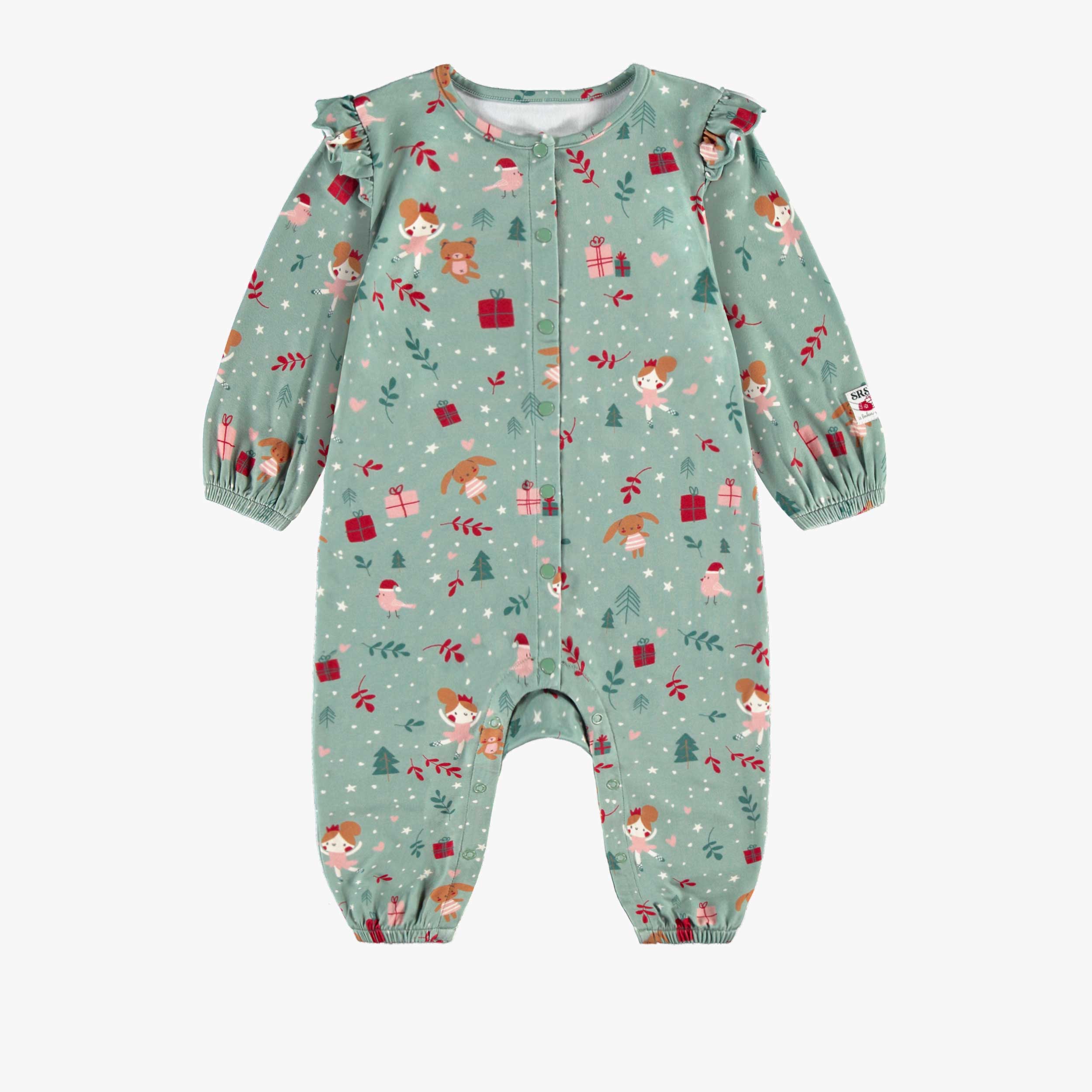 Pyjama une pièce des fêtes vert en polyester brossé à motifs de ballerines, bébé