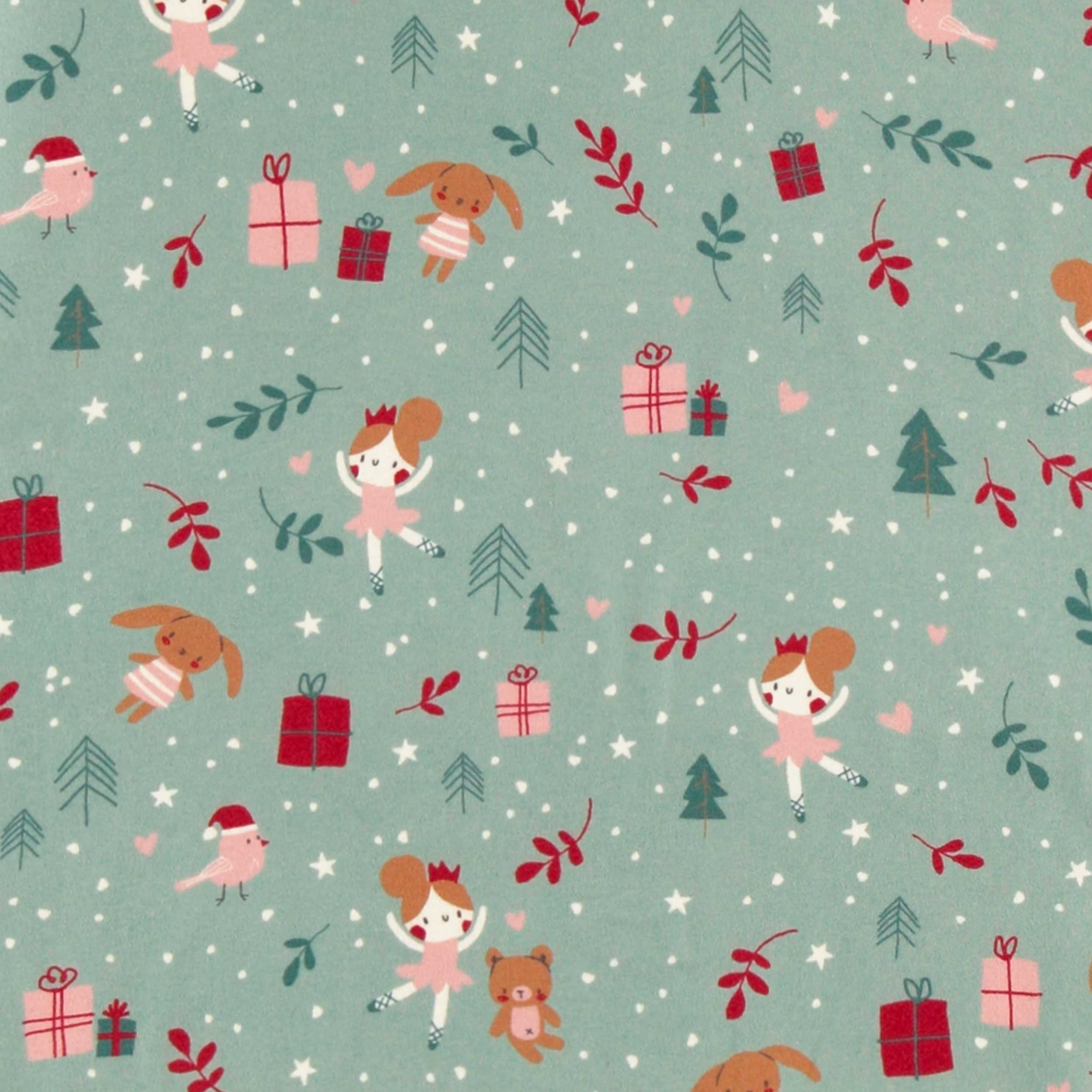 Green one piece holiday pajamas in brushed polyester with ballerina all over print, baby