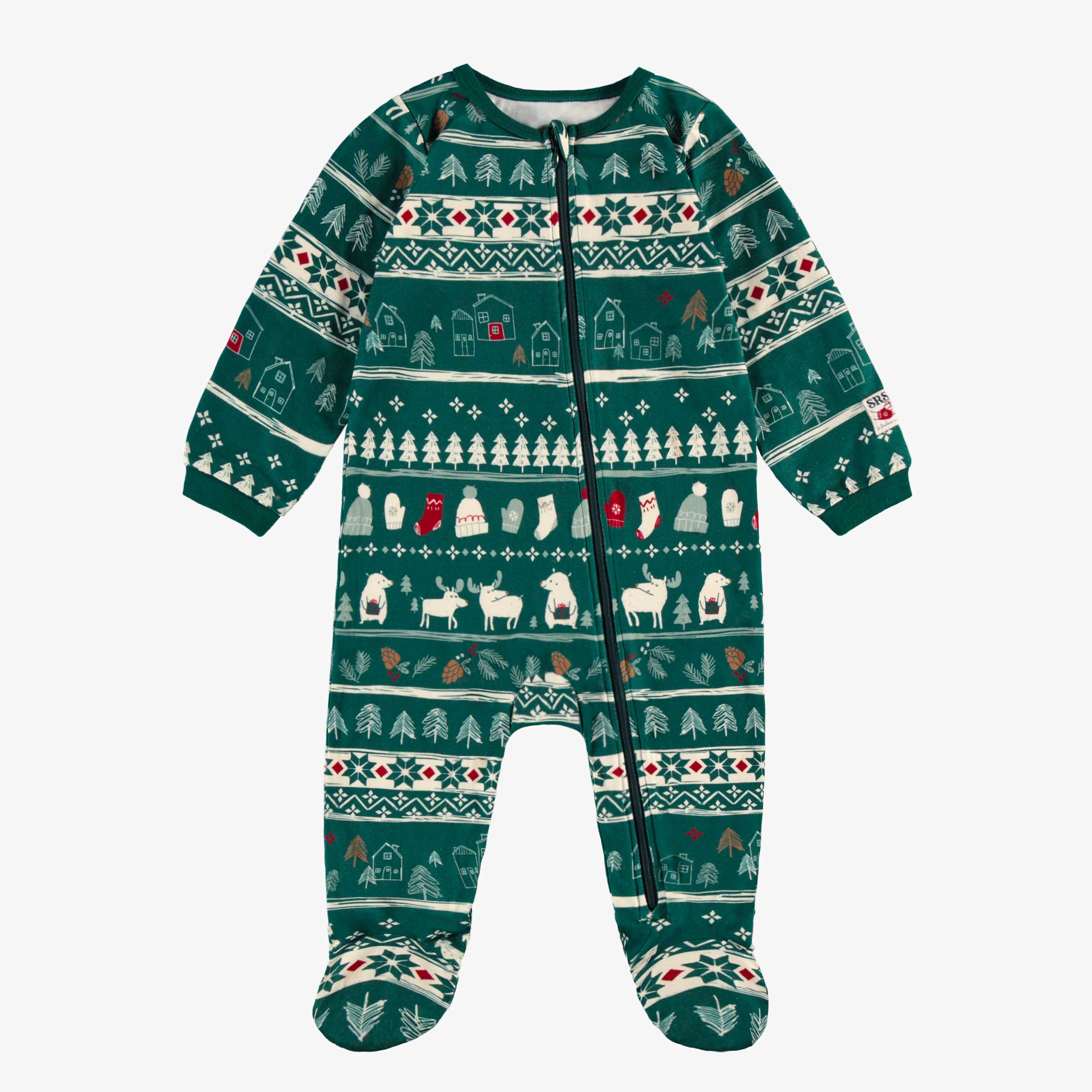 Pyjama une pièce vert à motifs des fêtes en polyester brossé, bébé