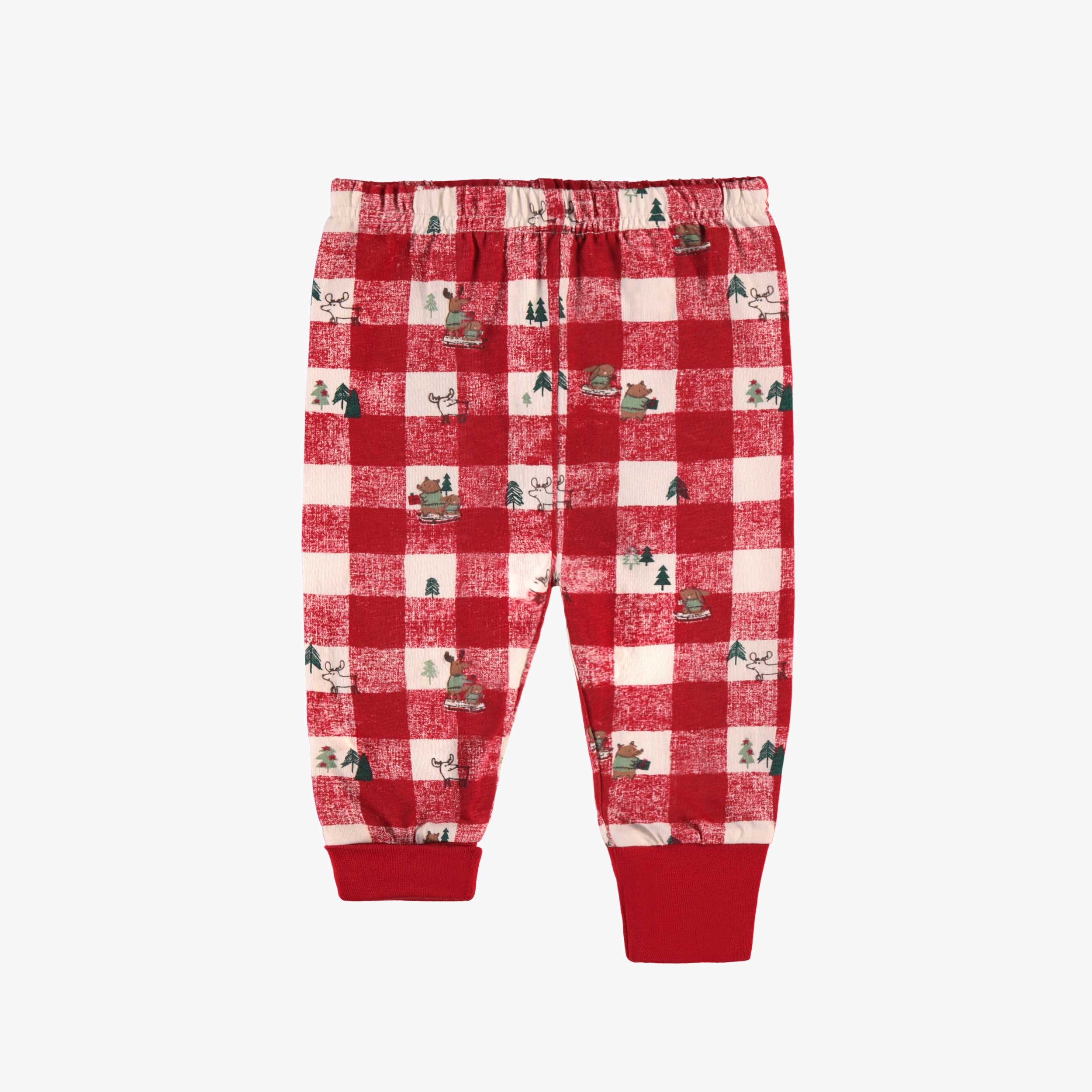 Cream and red two piece pajamas in jersey with holiday all over print and plaid, baby