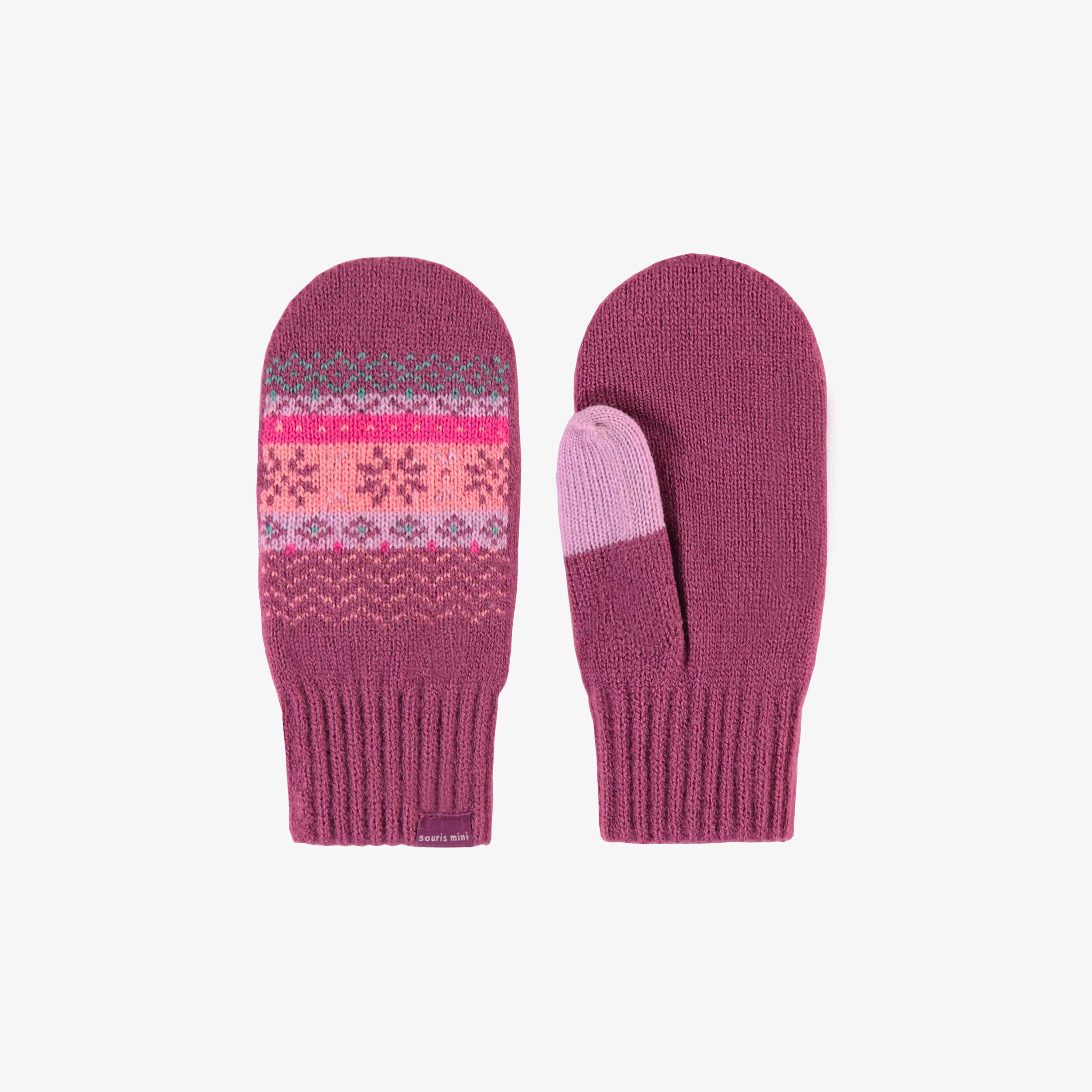 Pink, peach and turquoise knitted mittens with print, child