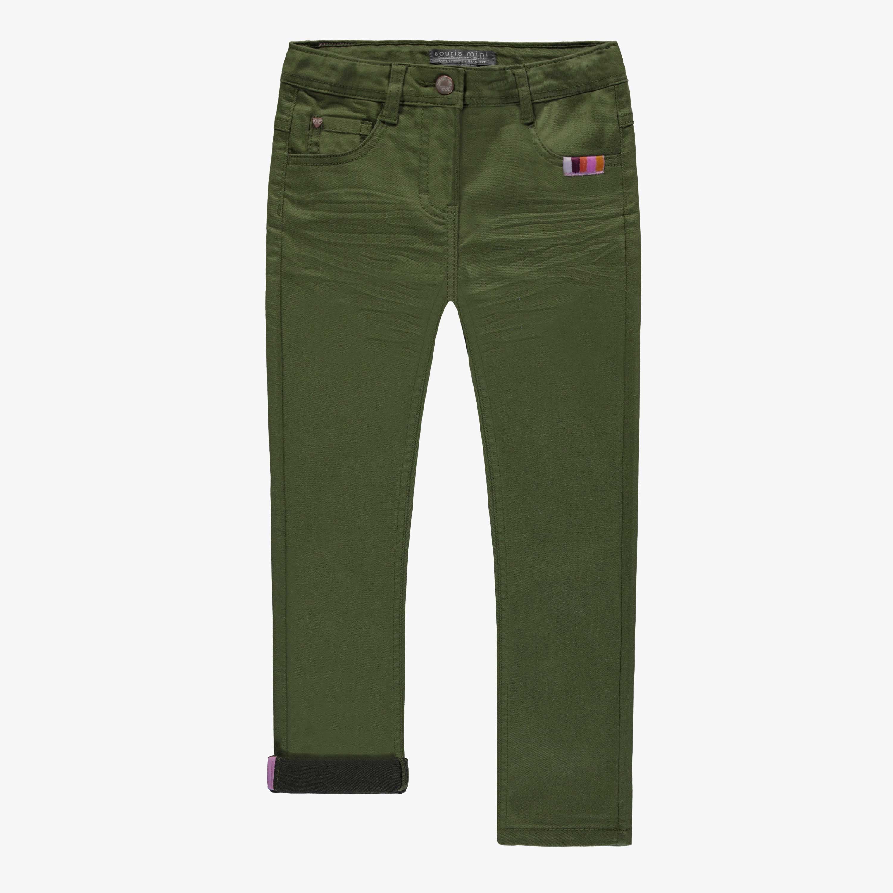 Pantalon vert olive de coupe étroite en denim extensible, enfant