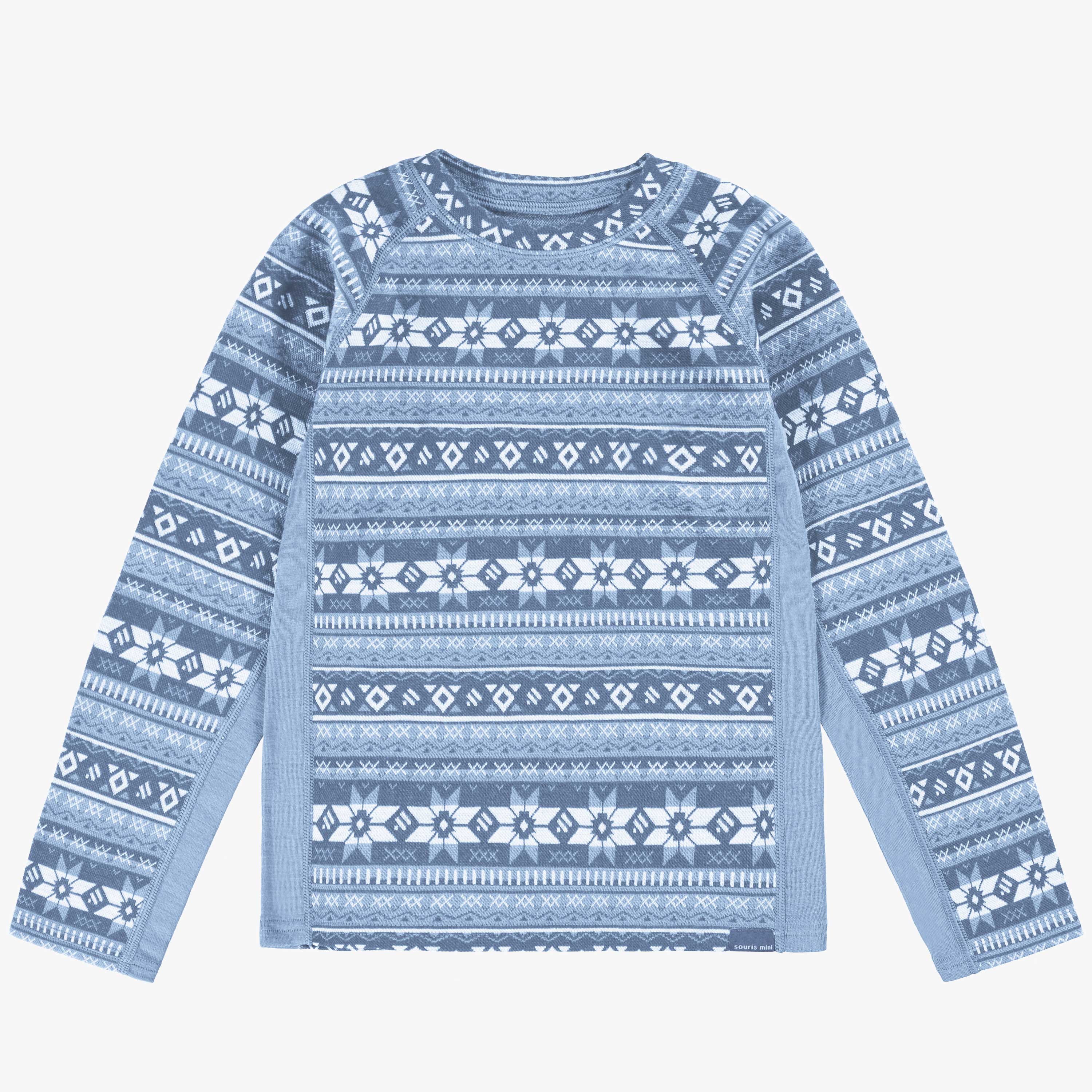 Blue sweater with all over print in merino wool, child