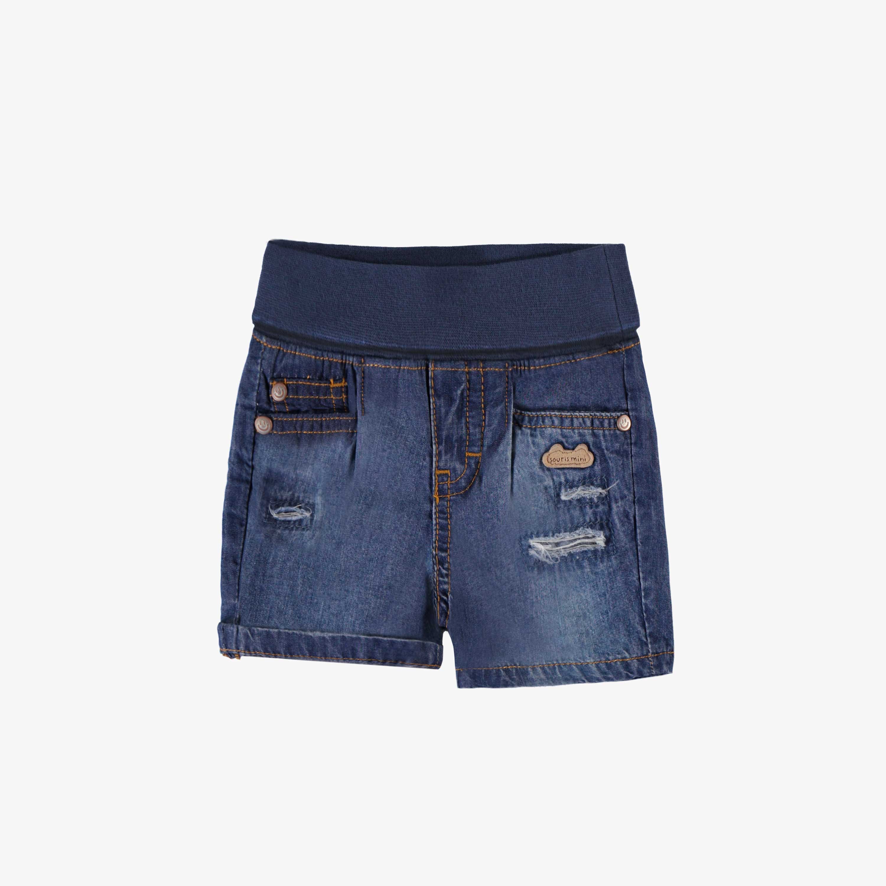 Short en denim bleu à effet délavé, naissance