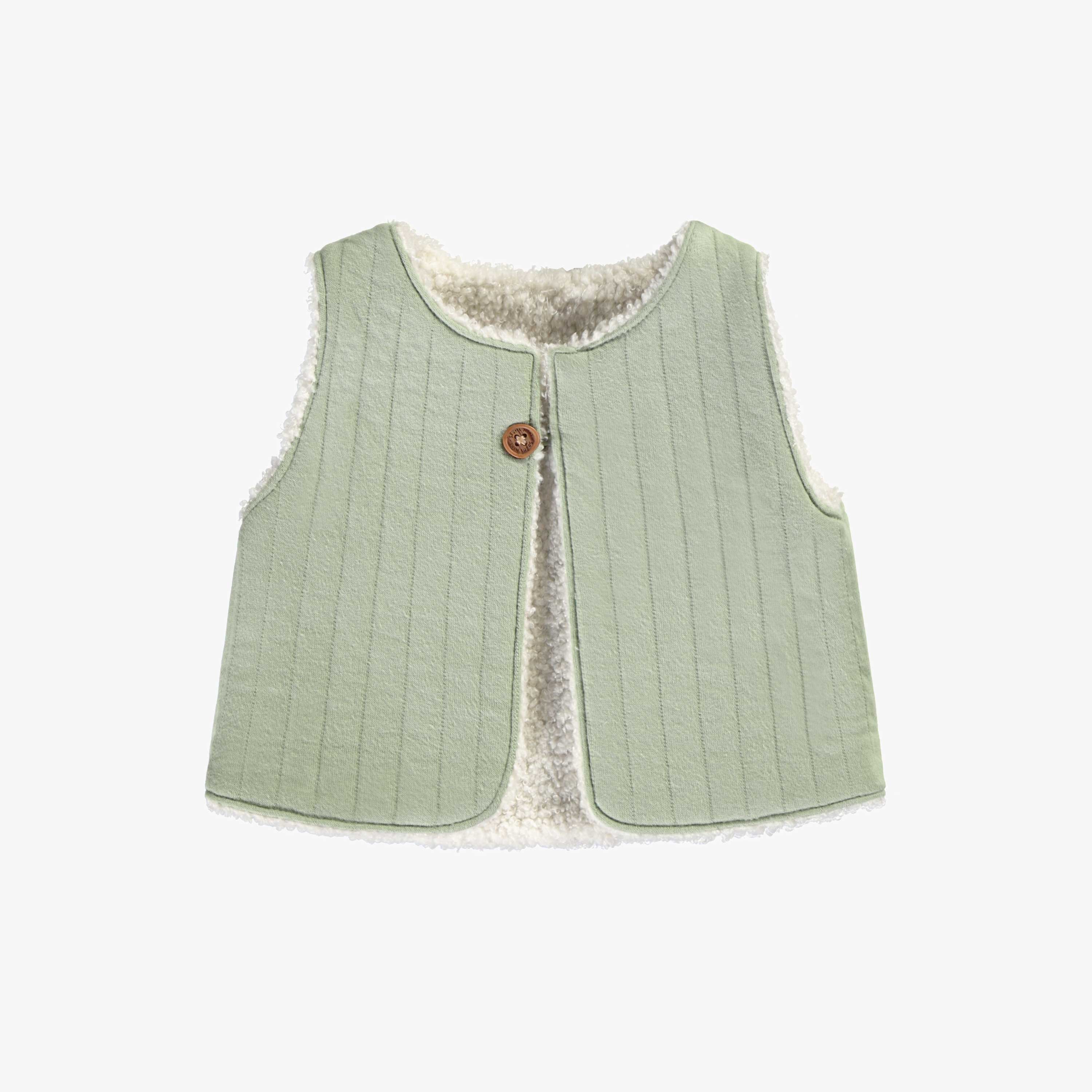 Veste sans manches crème en sherpa réversible verte en jersey matelassé, naissance