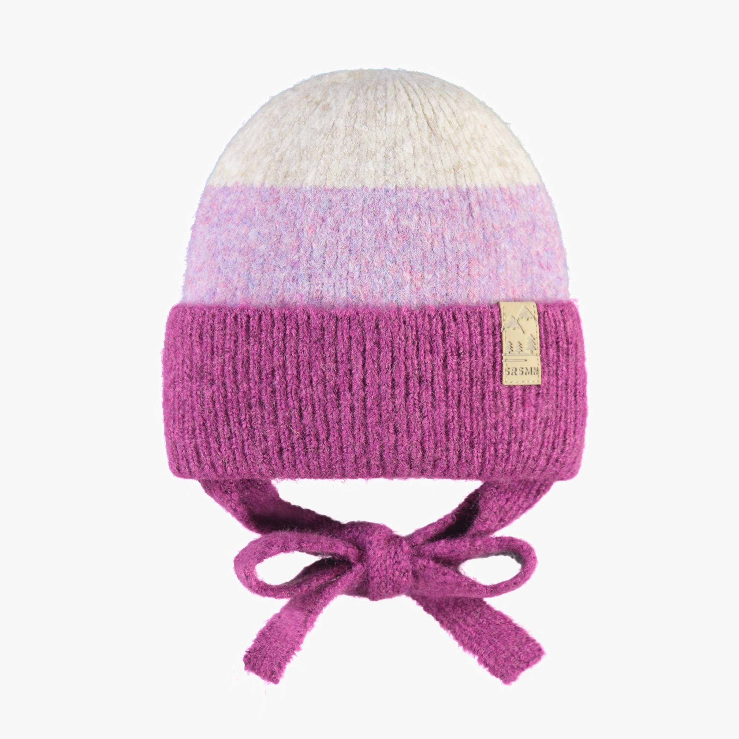 Tuque crème et mauve en tricot avec rayures, bébé