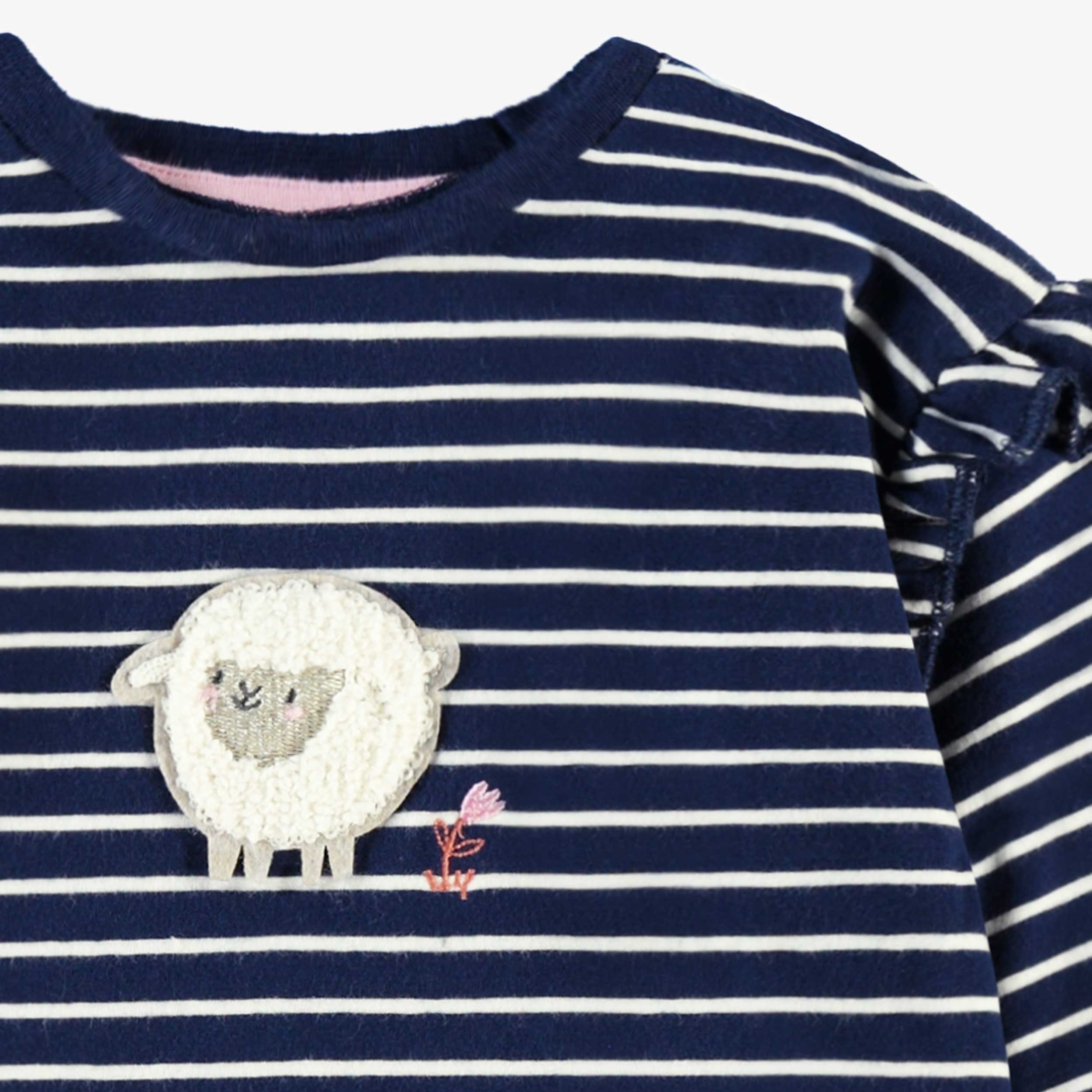 Zoom détails du t-shirt bleu marine à rayures, bébé