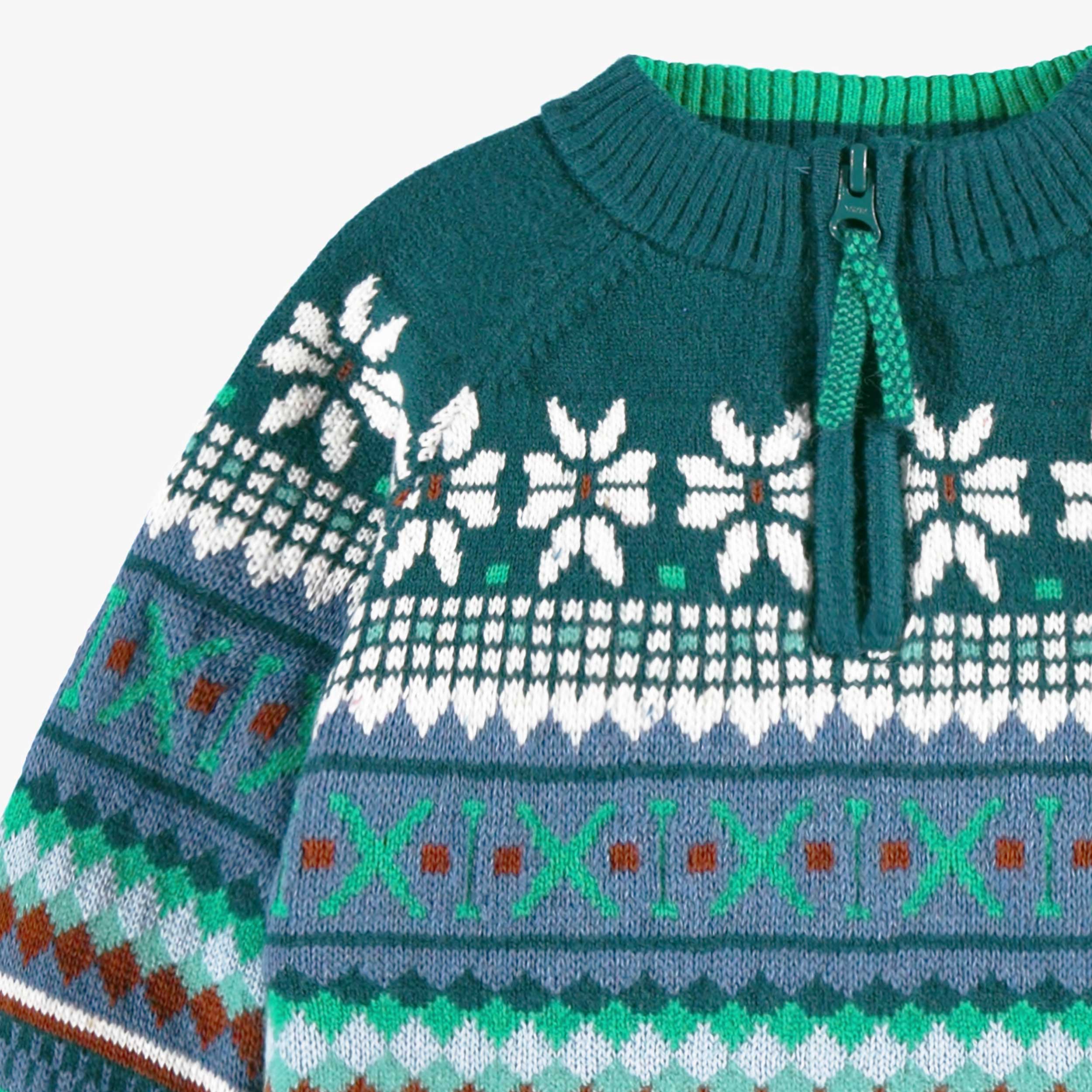 Zoom détails du chandail bleu sarcelle en tricot avec motifs, bébé