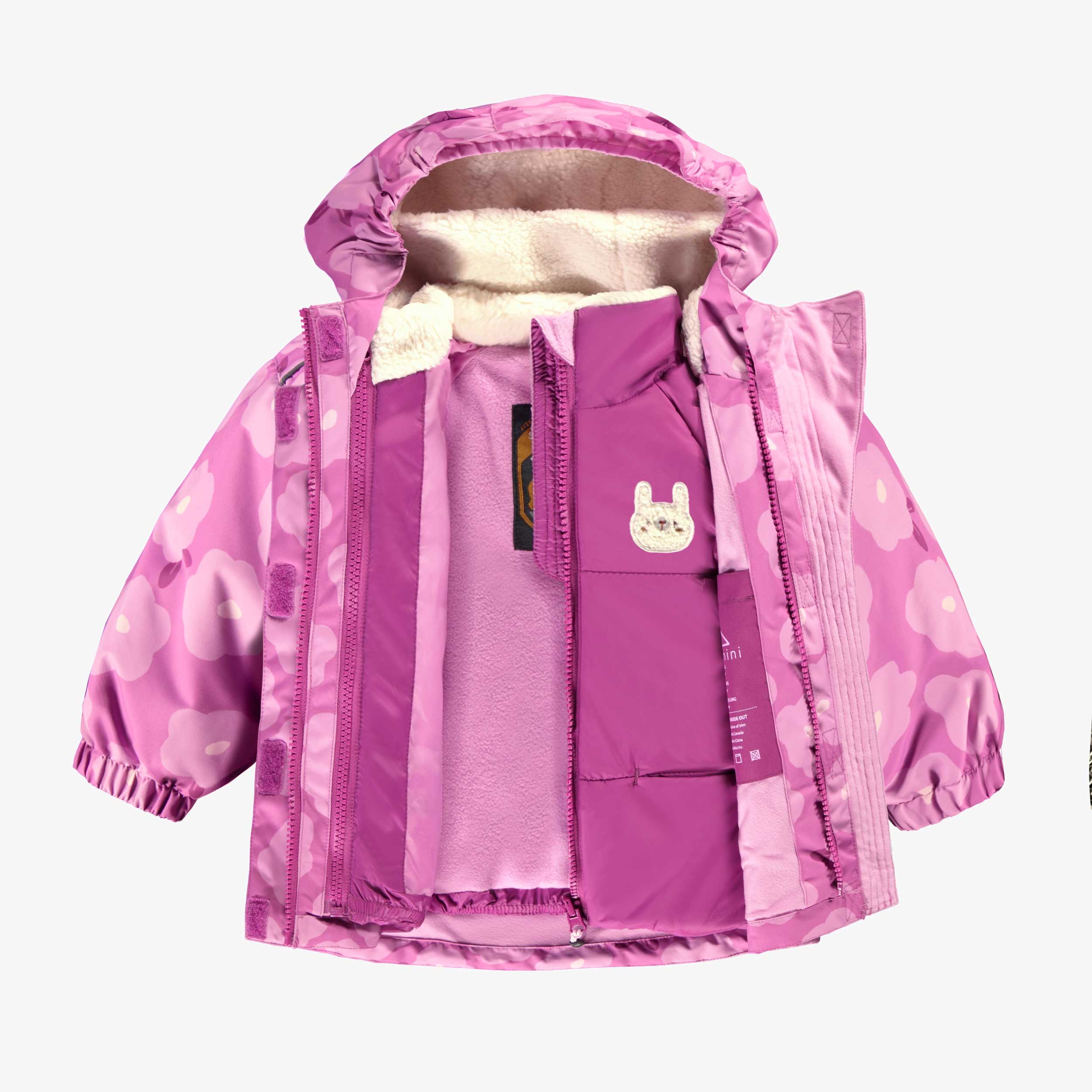 Manteaux de l'habit de neige 3 en 1 mauve avec fleurs, bébé
