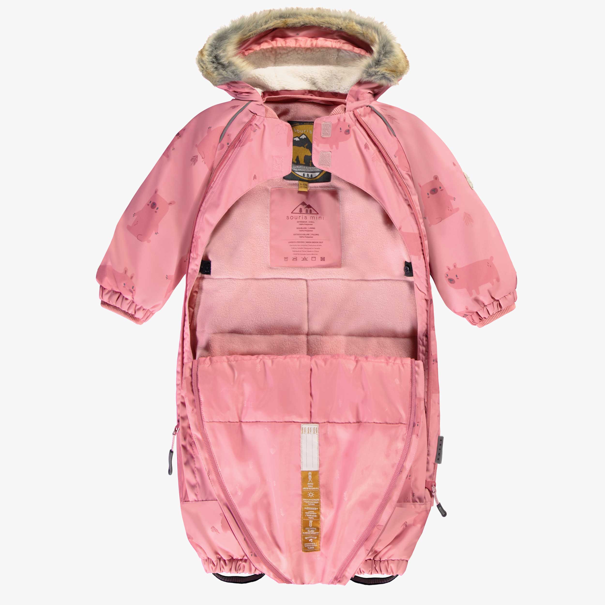 Intérieur de l'habit de neige une pièce rose avec motifs, bébé