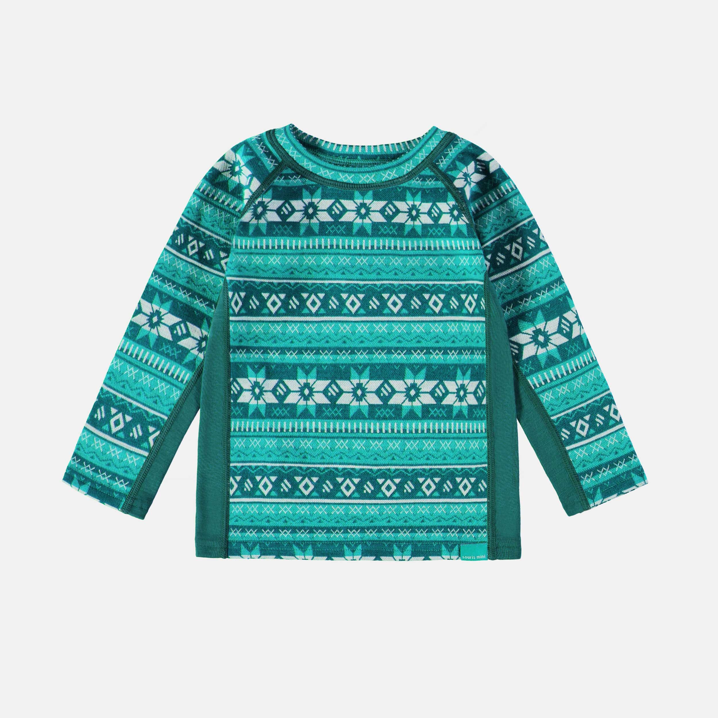 Chandail turquoise en laine mérinos avec motifs jacquard, bébé