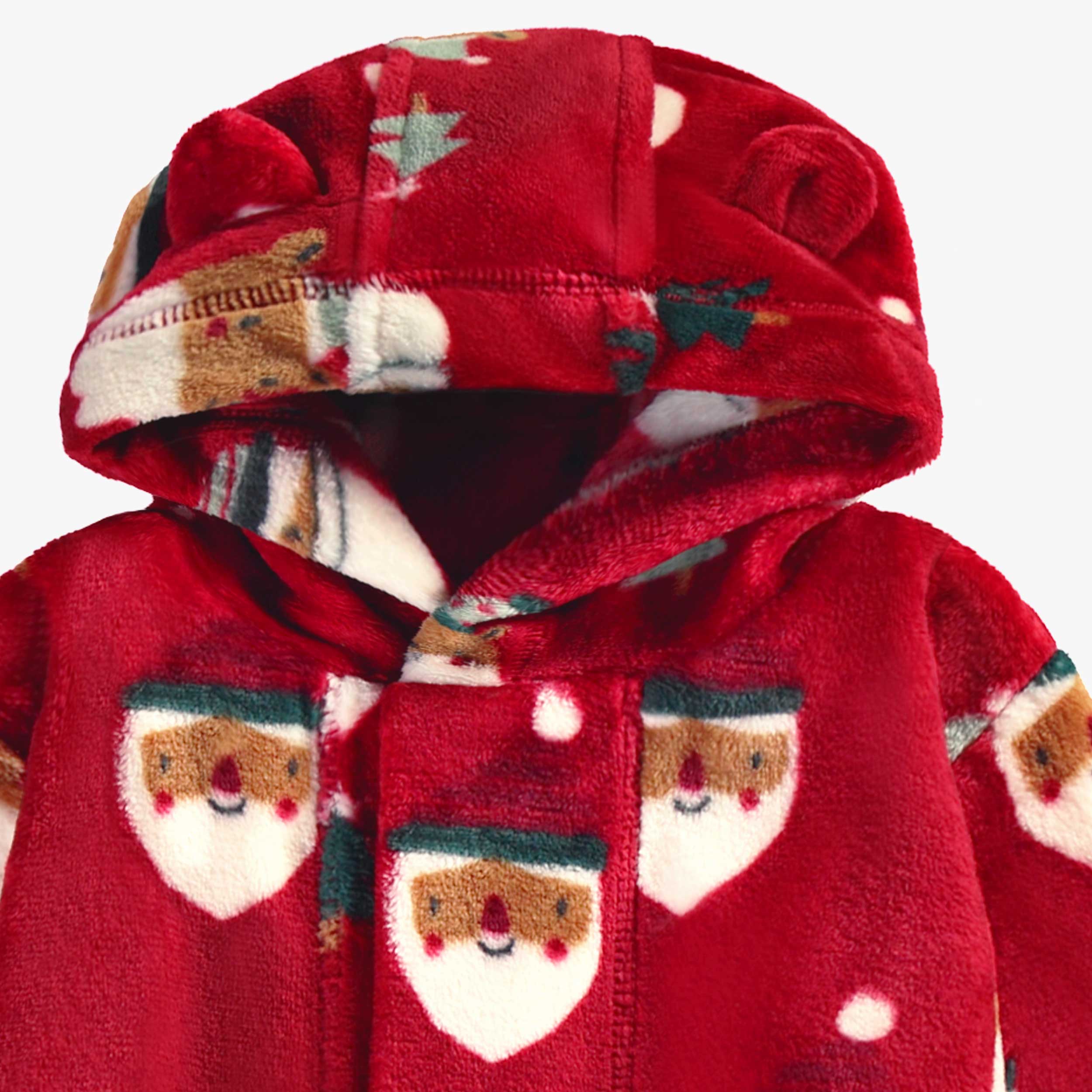 Red plush robe with holiday all over print, baby
