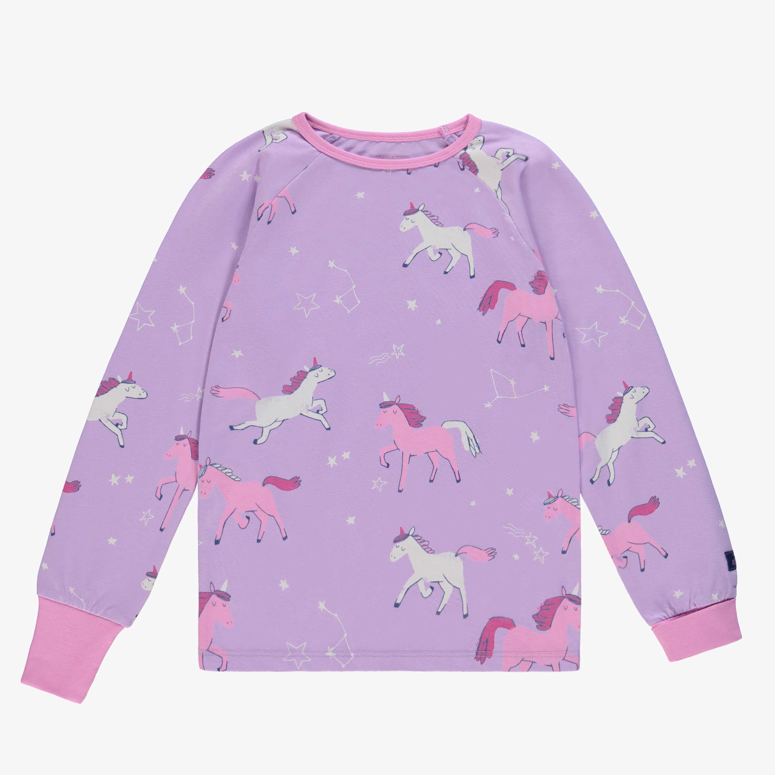 Haut du pyjama deux pièces mauve à motifs de licornes, enfant
