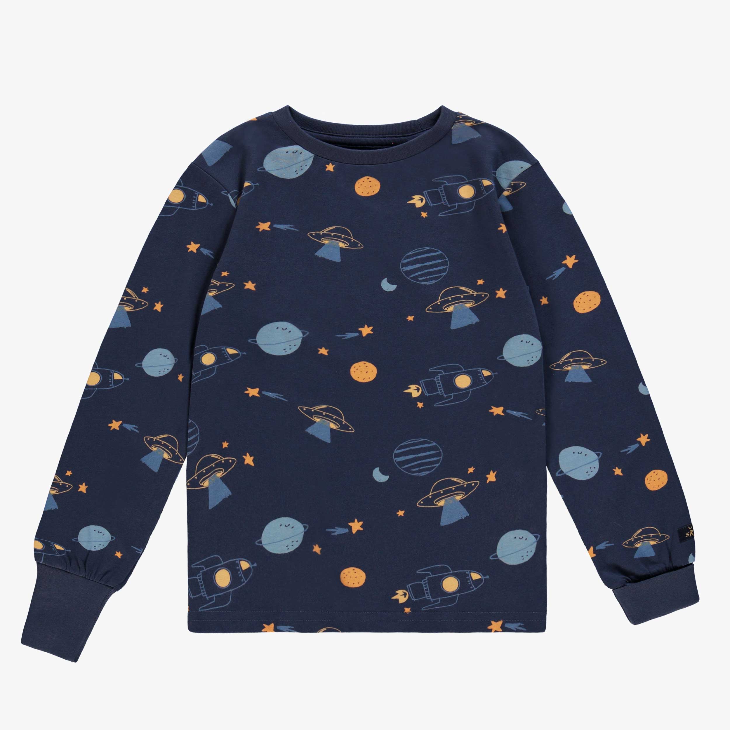 Haut du pyjama deux pièces bleu marine à motifs de planètes, enfant