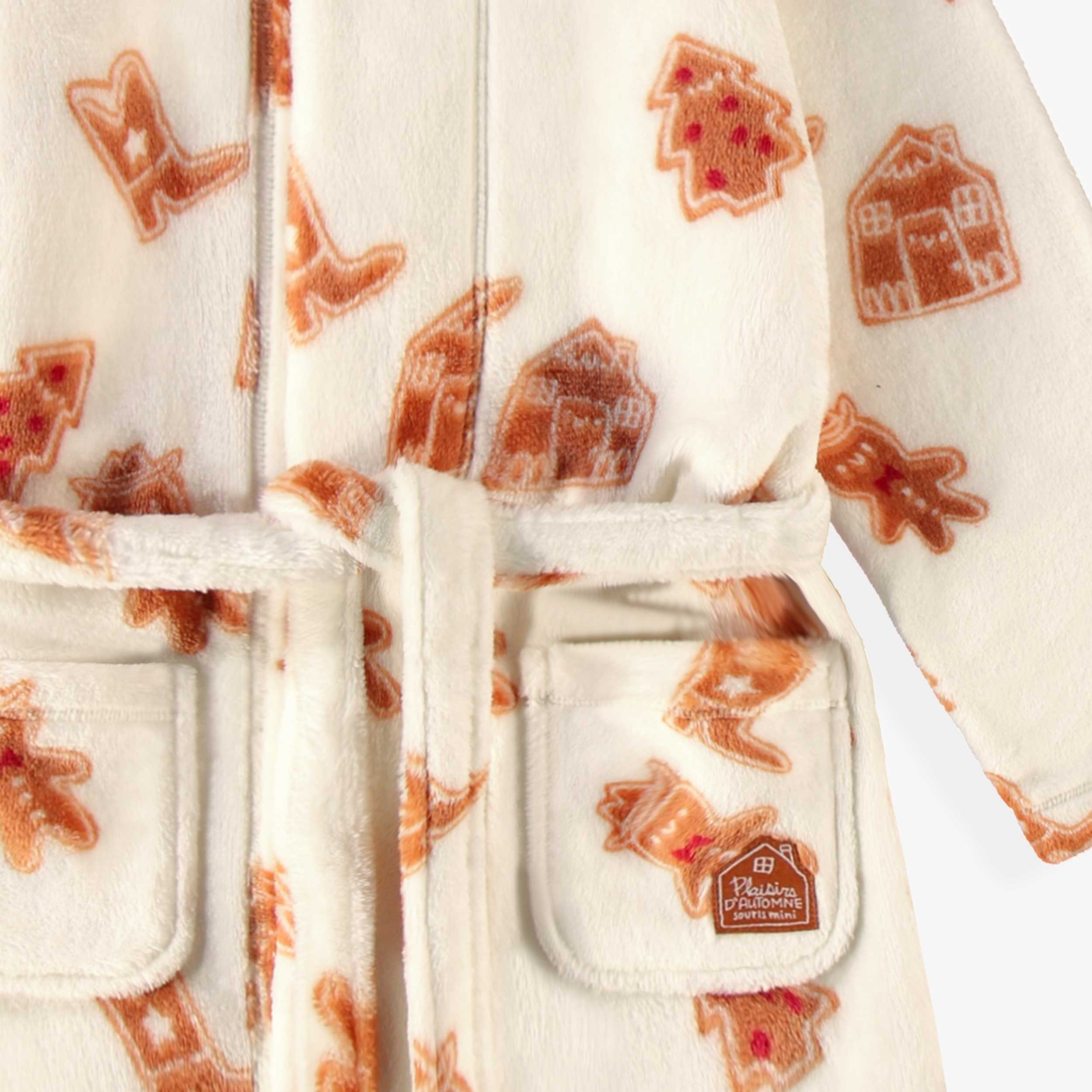 Zoom détails de la robe de chambre crème à motifs pain d’épices, enfant