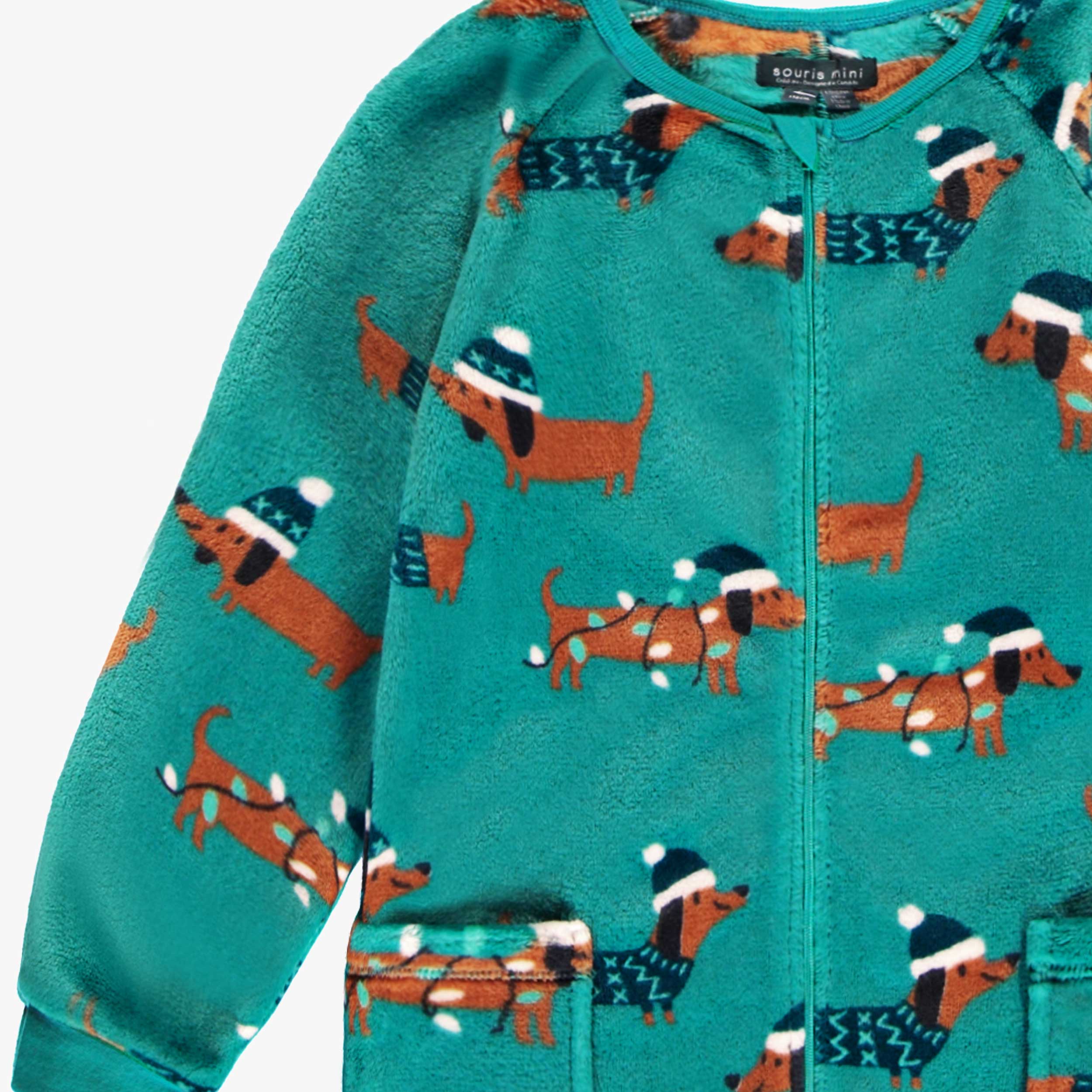 Turquoise plush one-piece pajamas with dog patterns, child