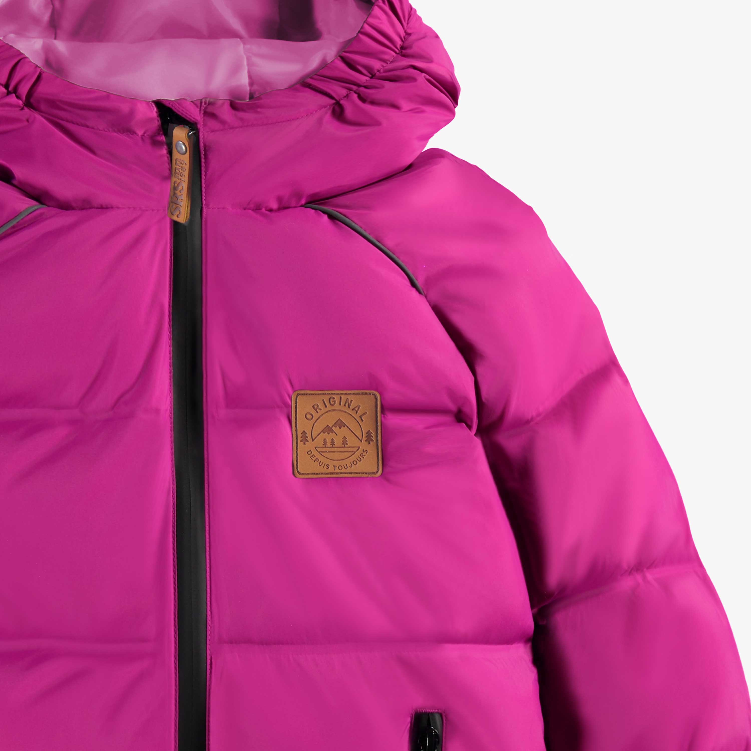 Zoom détails du manteau doudoune mauve, enfant