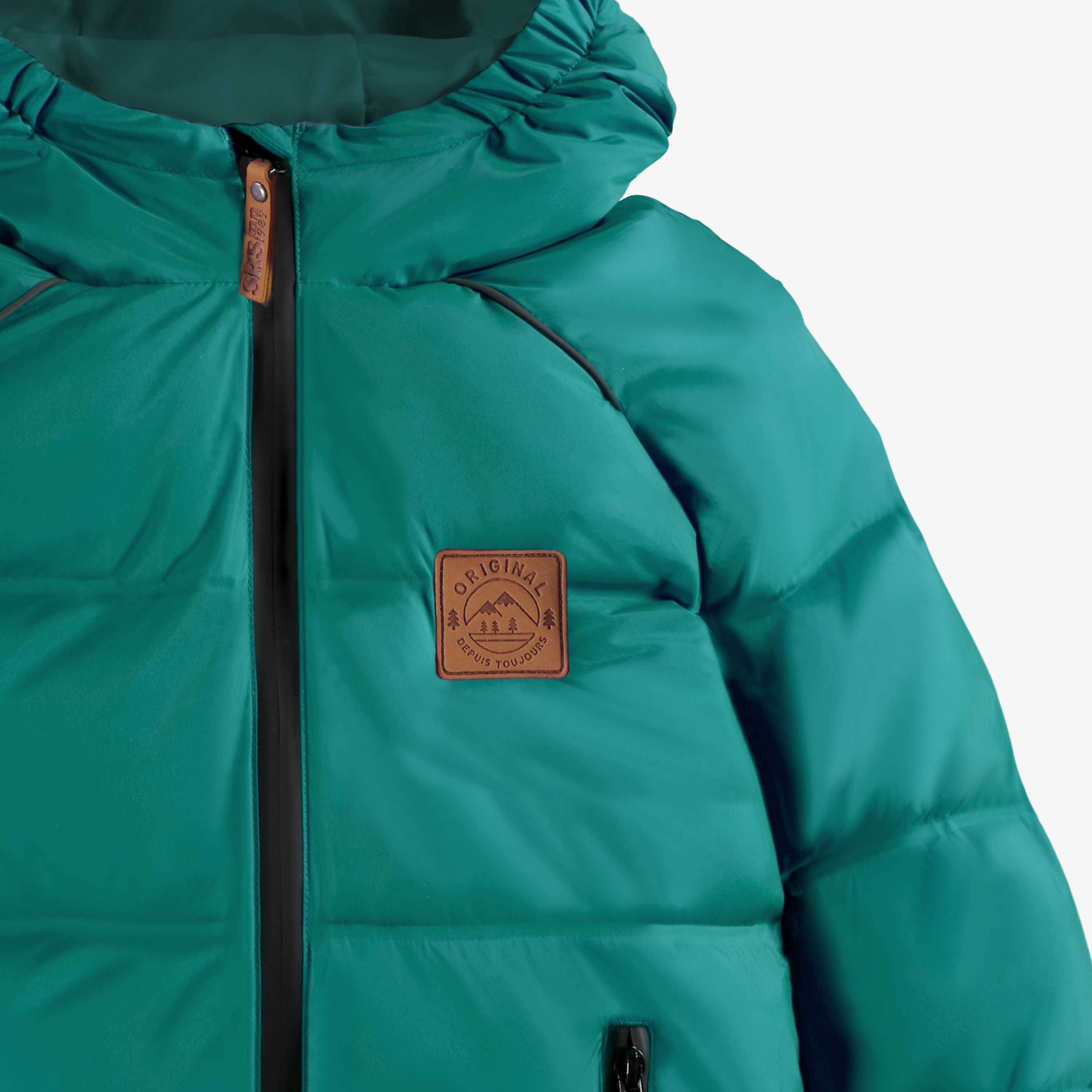 Zoom détails du manteau doudoune turquoise, enfant