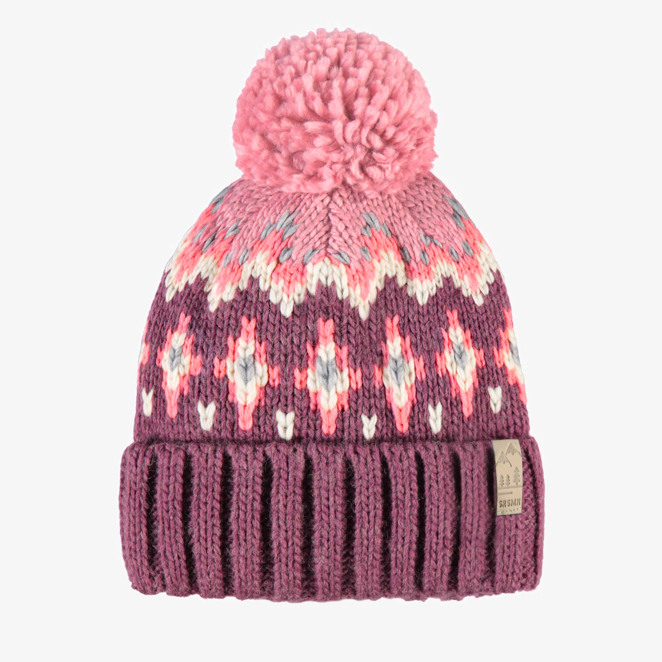 Tuque rose et mauve en tricot avec motifs, enfant