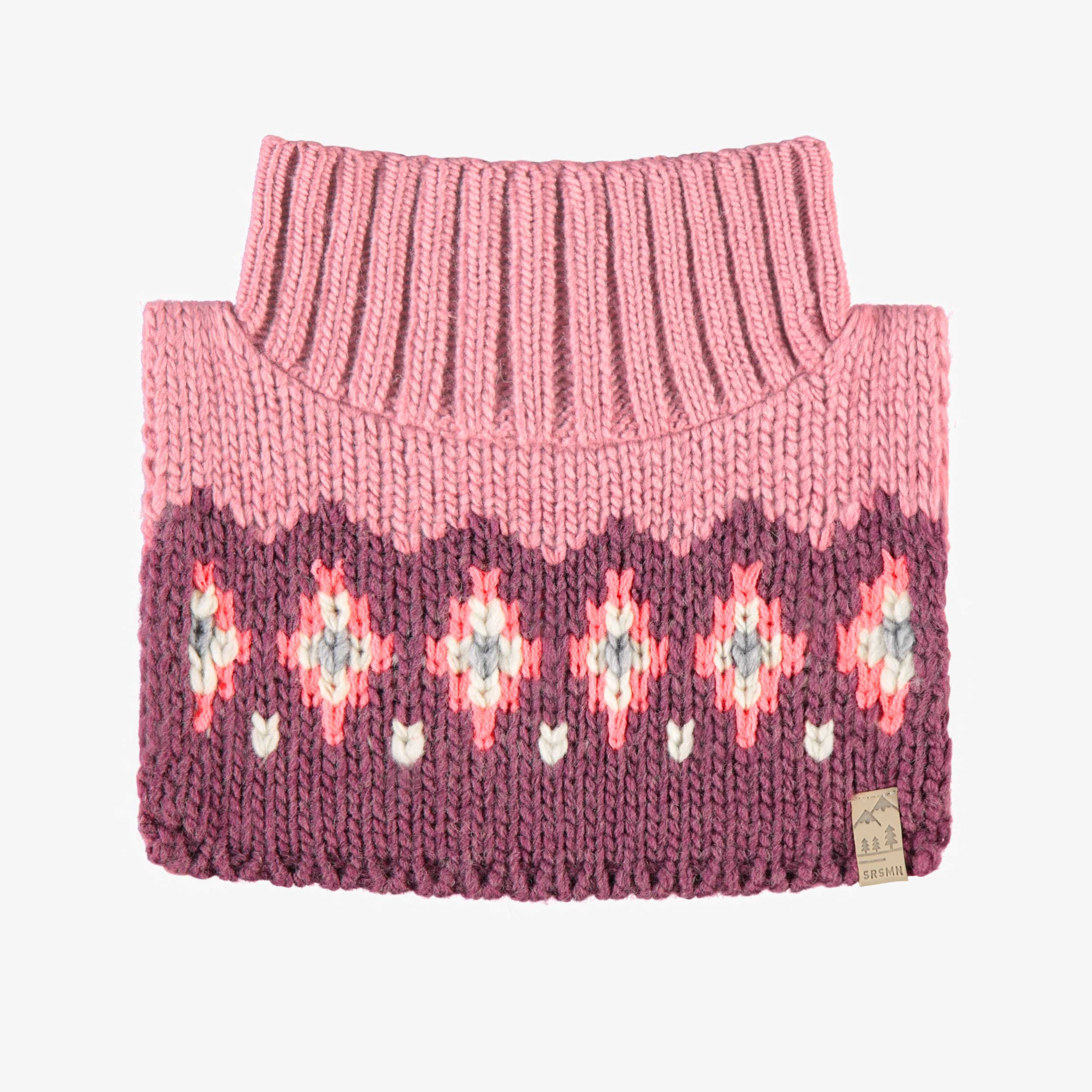 Cache-cou rose et mauve en tricot avec motifs, enfant