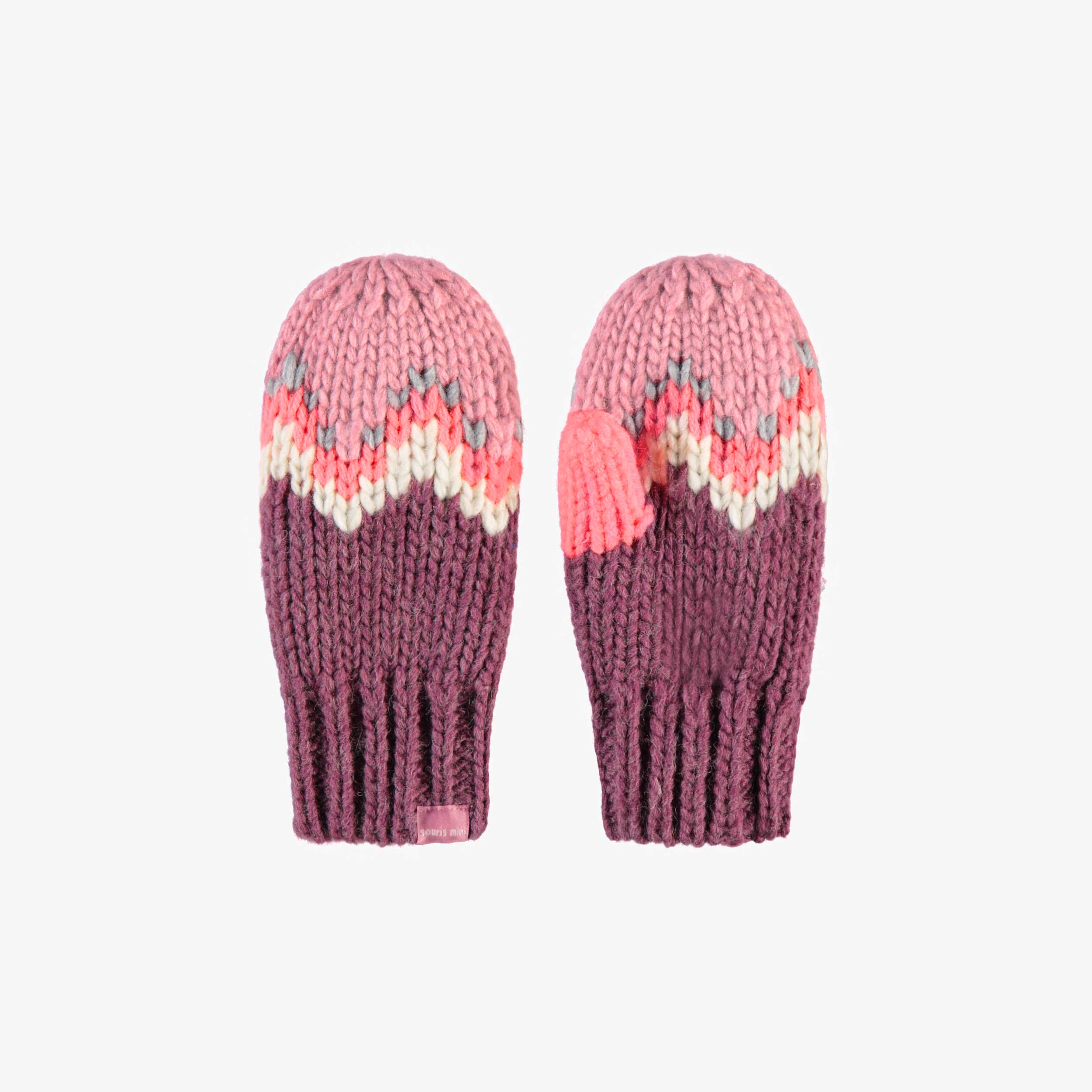 Mitaines rose et mauve en tricot avec motifs, enfant