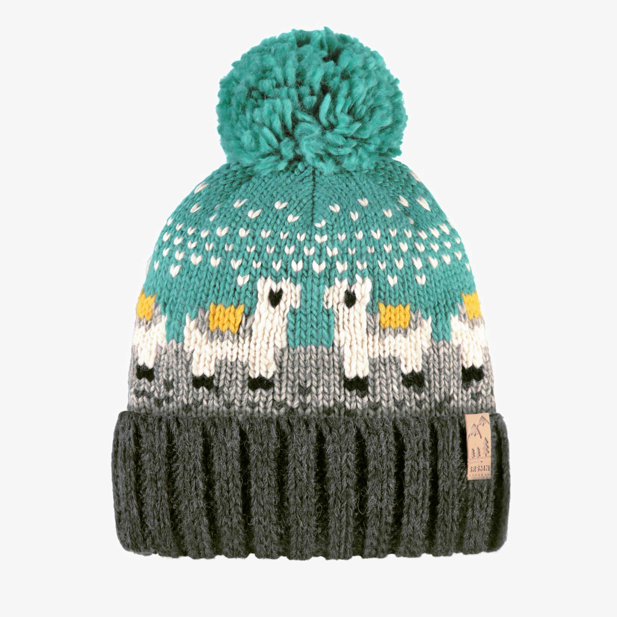 Tuque turquoise et gris en tricot avec lamas, enfant