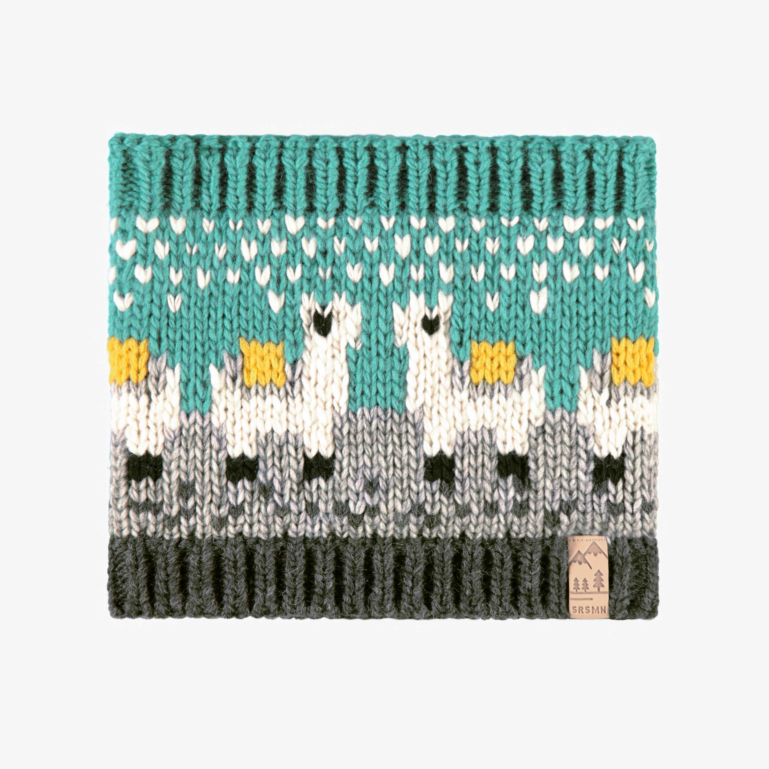 Cache-cou turquoise et gris en tricot avec lamas, enfant