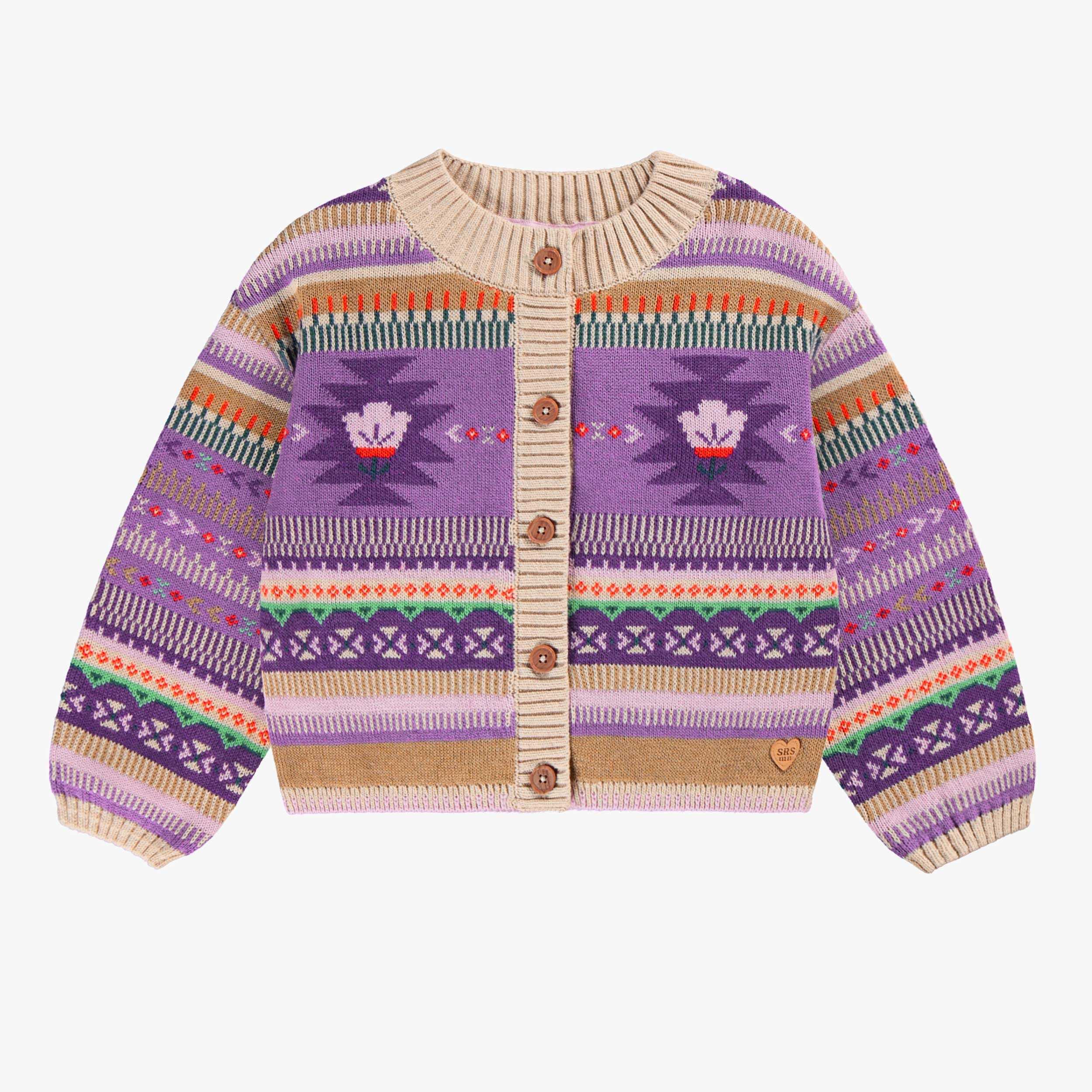 Cardigan beige et mauve en tricot avec motifs, enfant