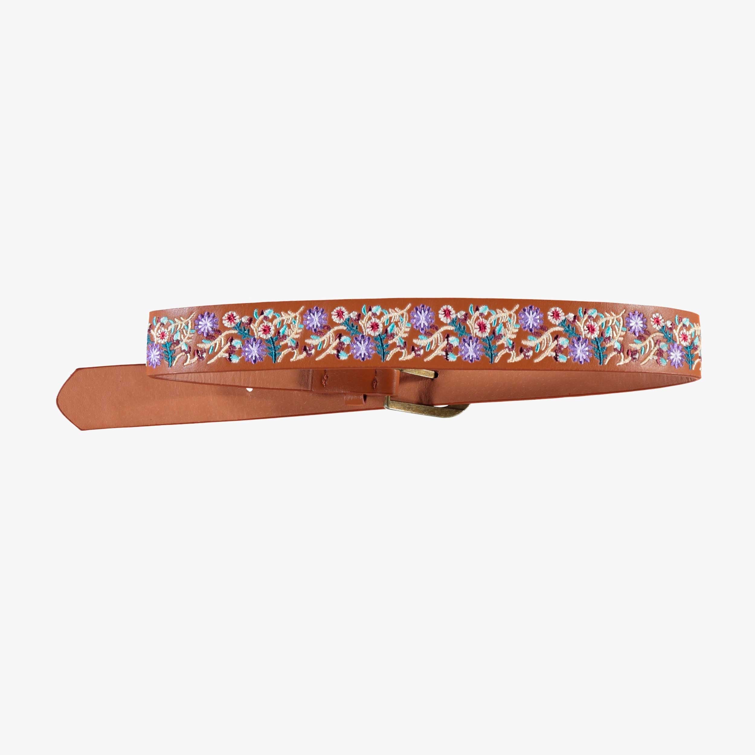 Brown faux leather belt with embroidery, child