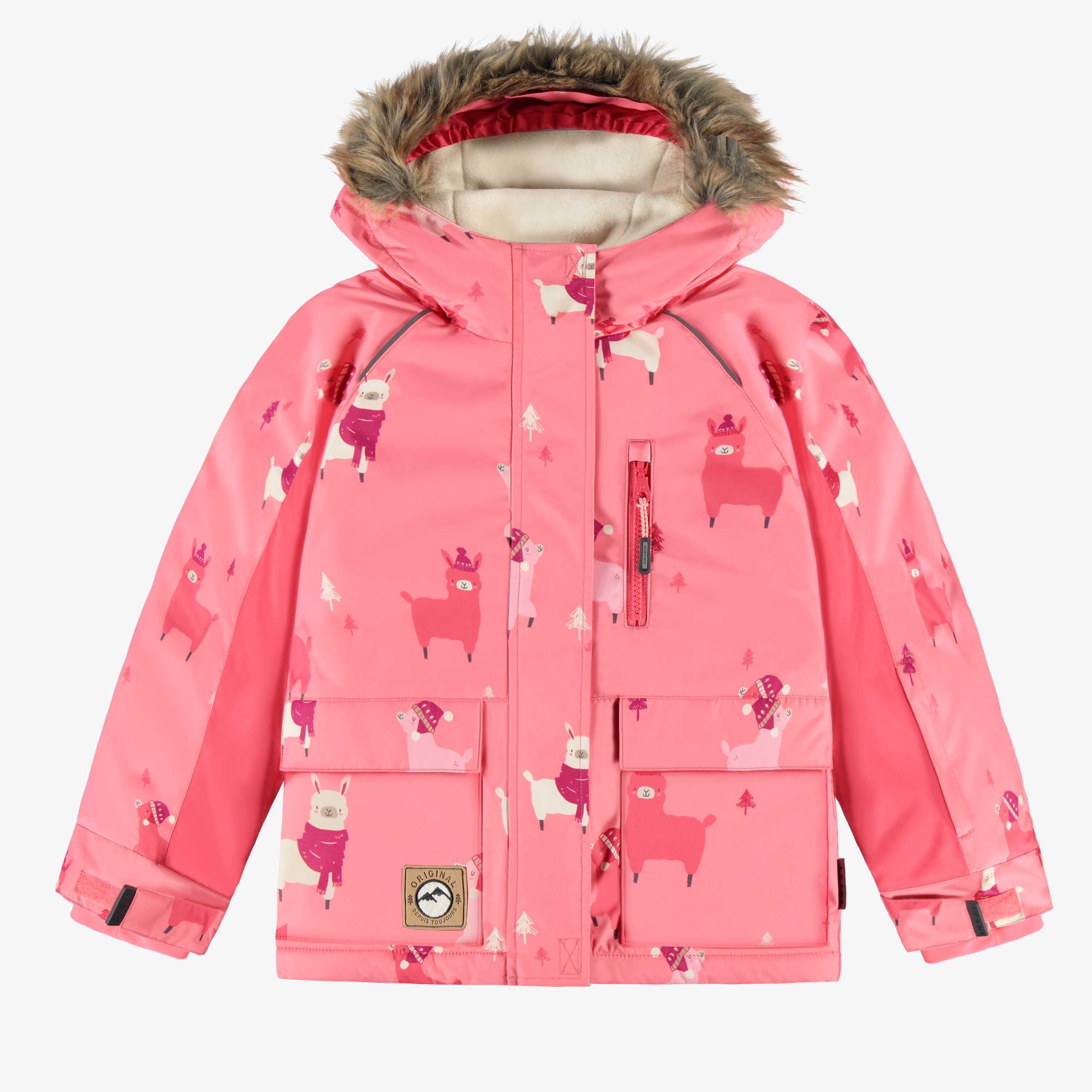Manteaux de l'habit de neige deux pièces rose à motifs de lamas, enfant