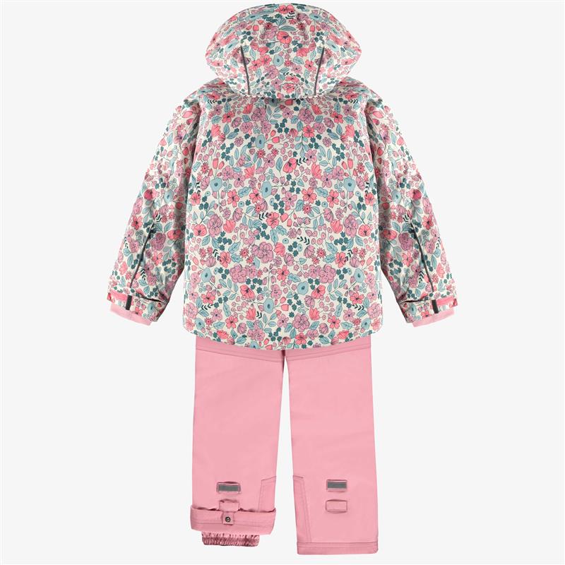 Pink two-piece snowsuit with floral print, child