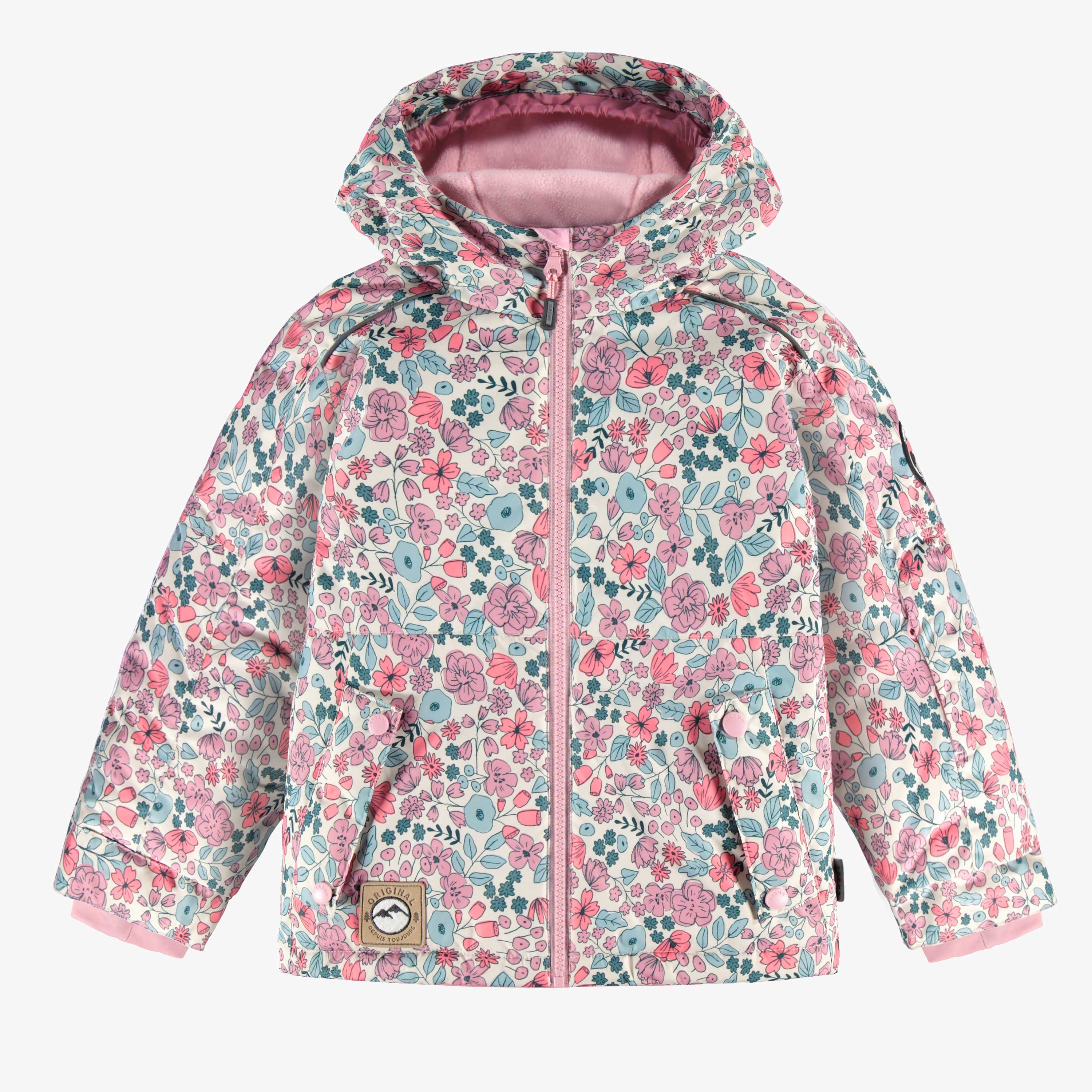 Manteau de l'habit de neige deux pièces rose avec fleurs, enfant