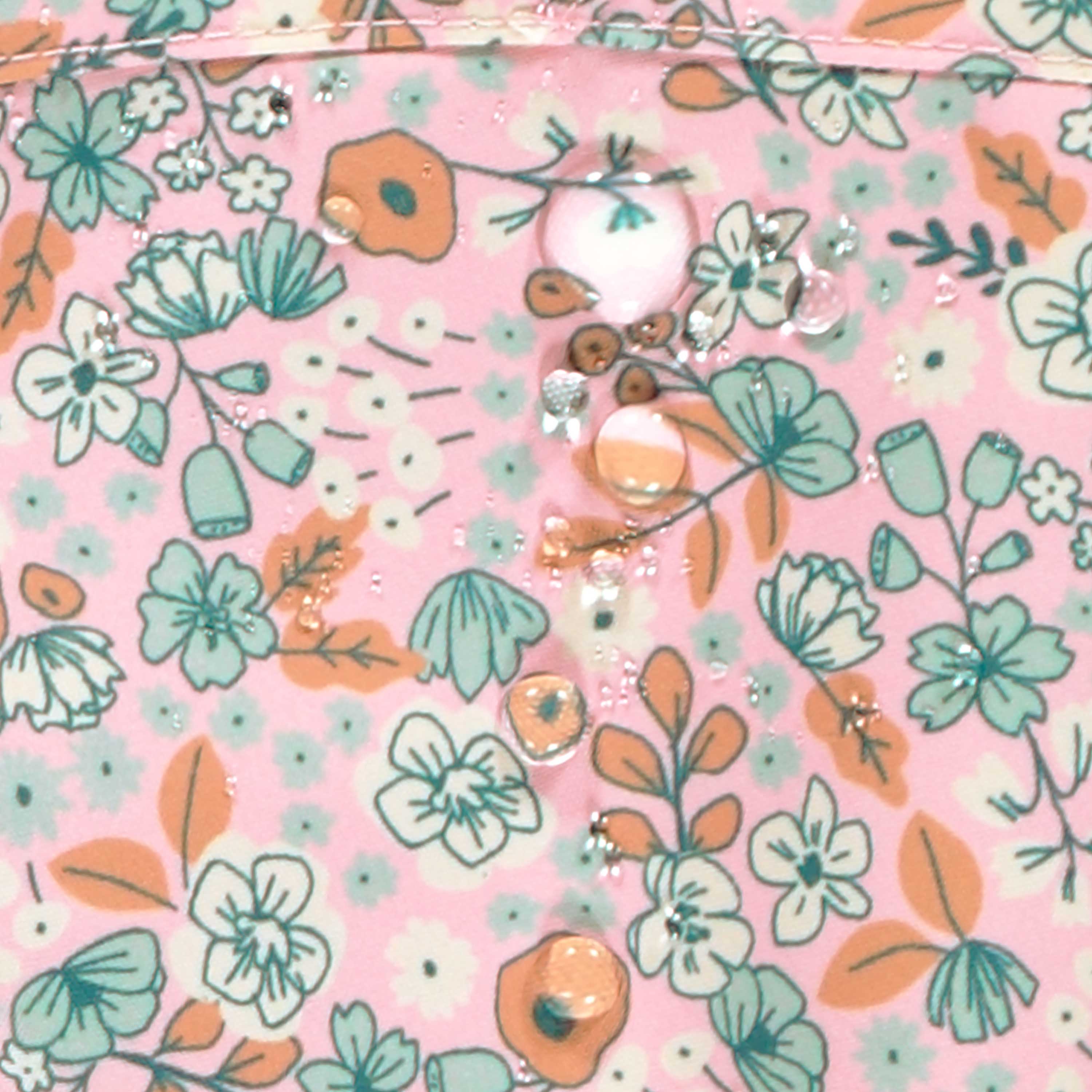 Pink one-piece snowsuit with floral print, child