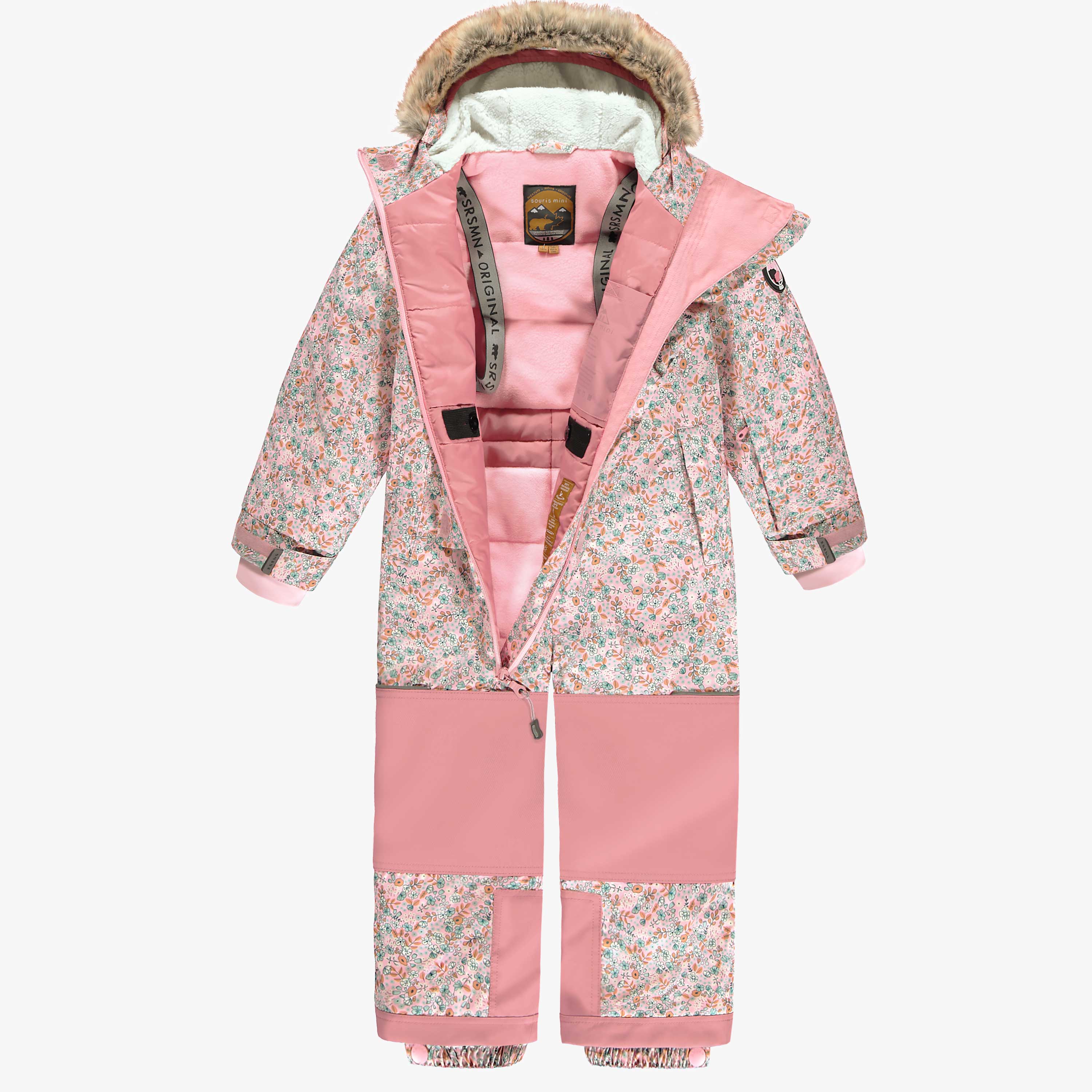 Intérieur de l'habit de neige une pièce rose avec fleurs, enfant