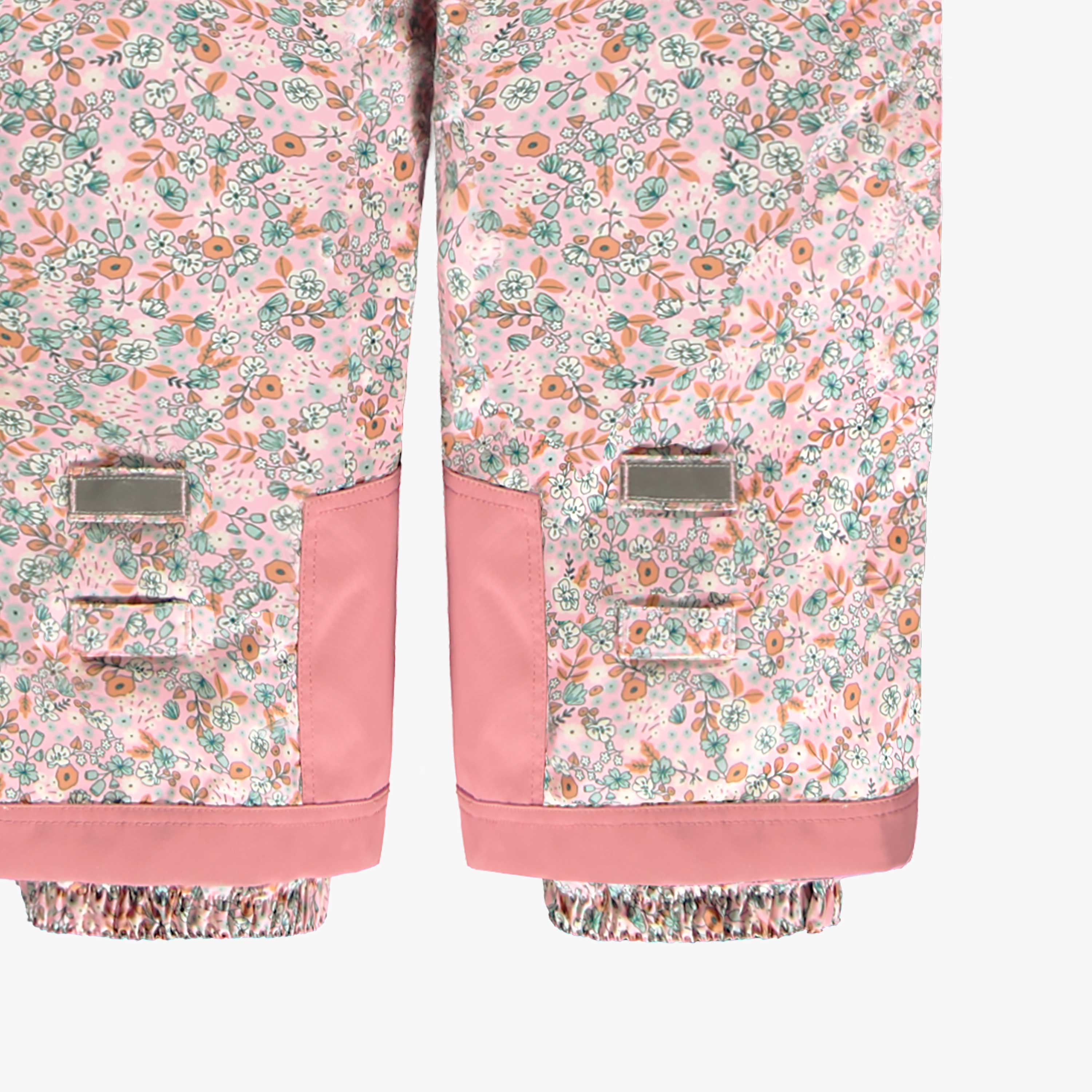 Pink one-piece snowsuit with floral print, child