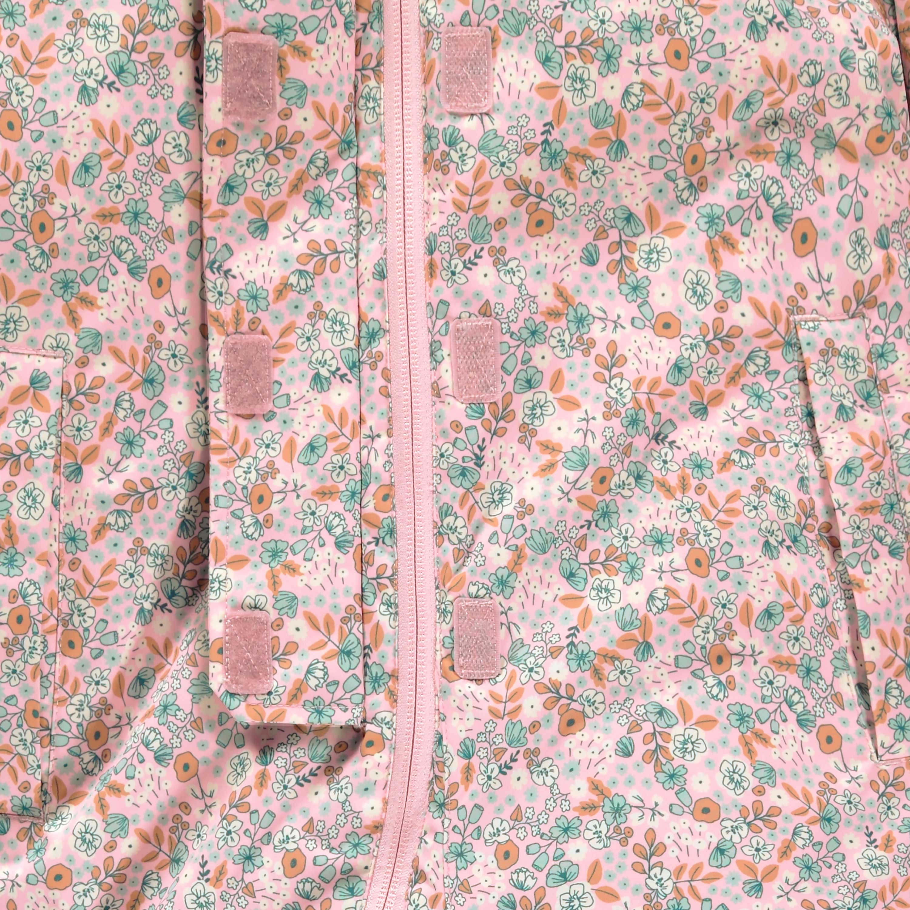 Zoom velcros de l'habit de neige une pièce rose avec fleurs, enfant