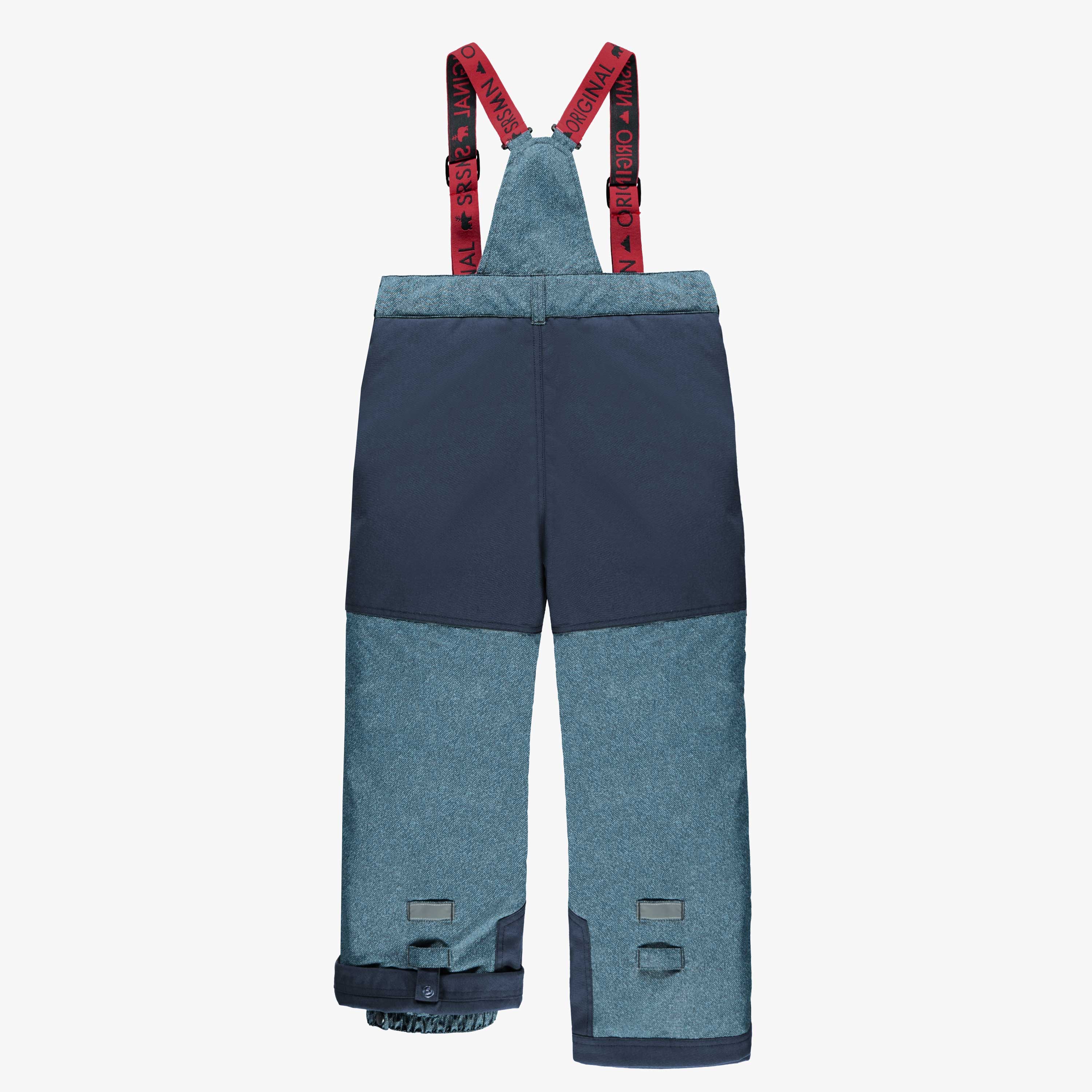 Dos du pantalon de neige de l'habit de neige 3 en 1 bleu denim et rouge, enfant