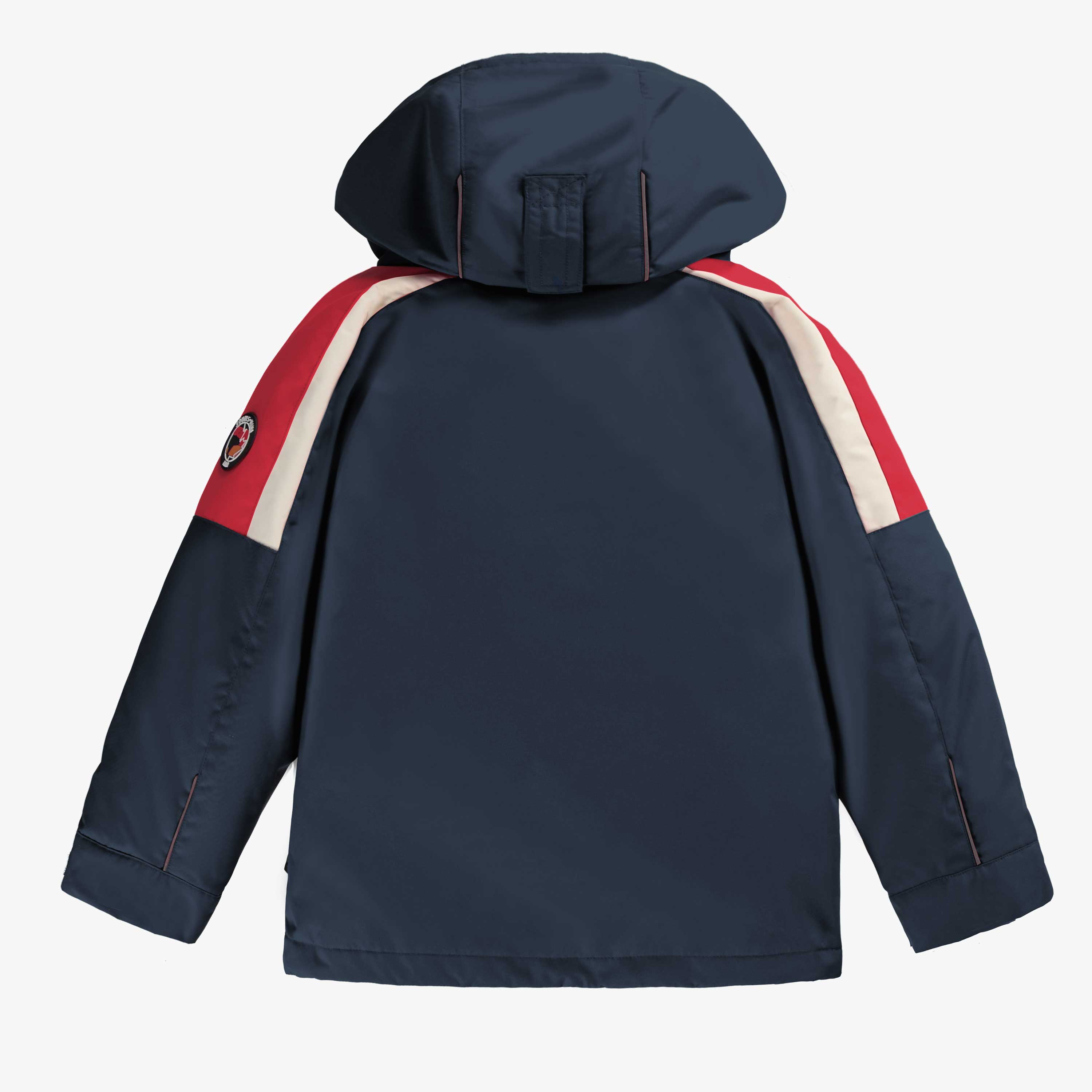 Dos de la couche extérieure de l'habit de neige 3 en 1 bleu denim et rouge, enfant