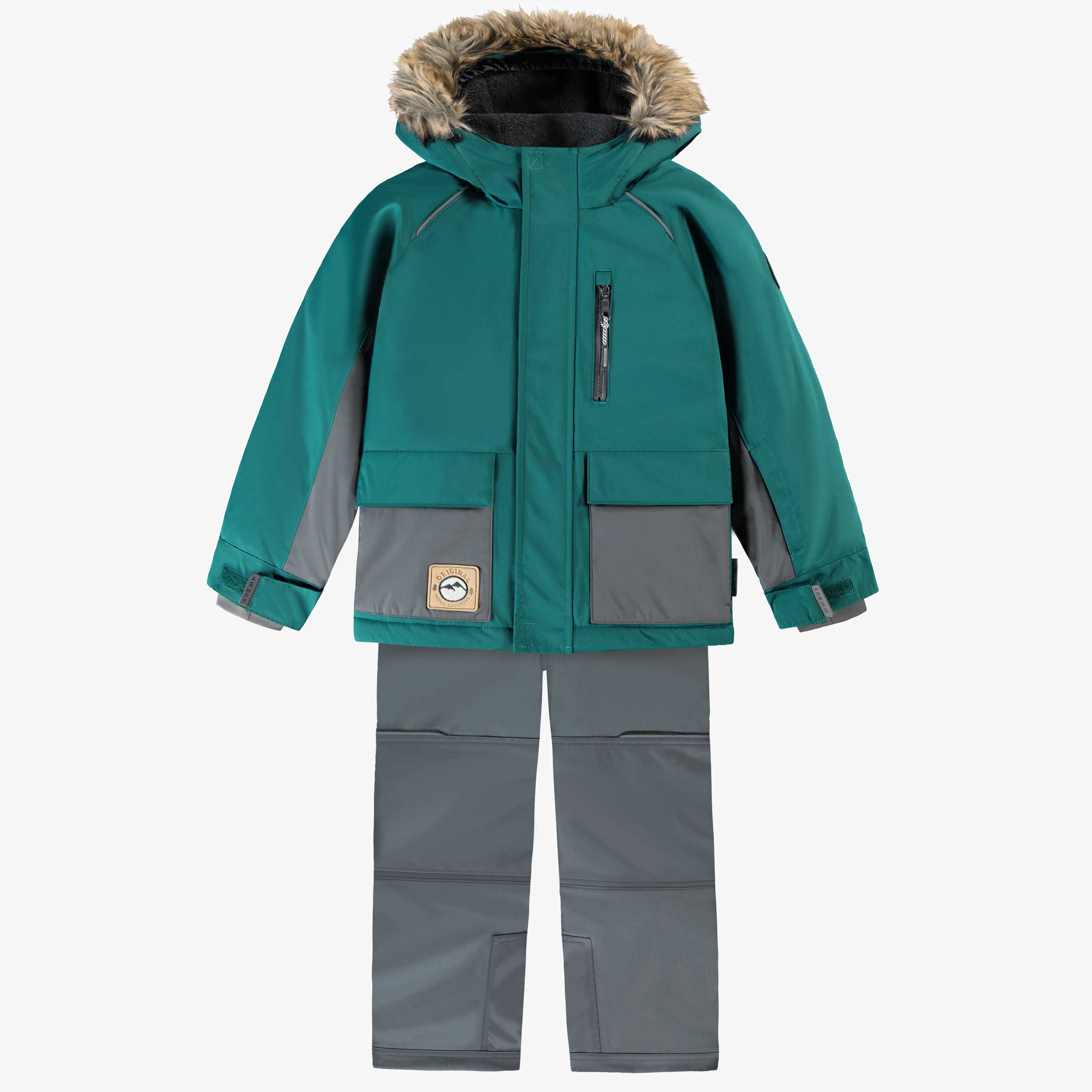Habit de neige deux pièces vert émeraude et gris, enfant