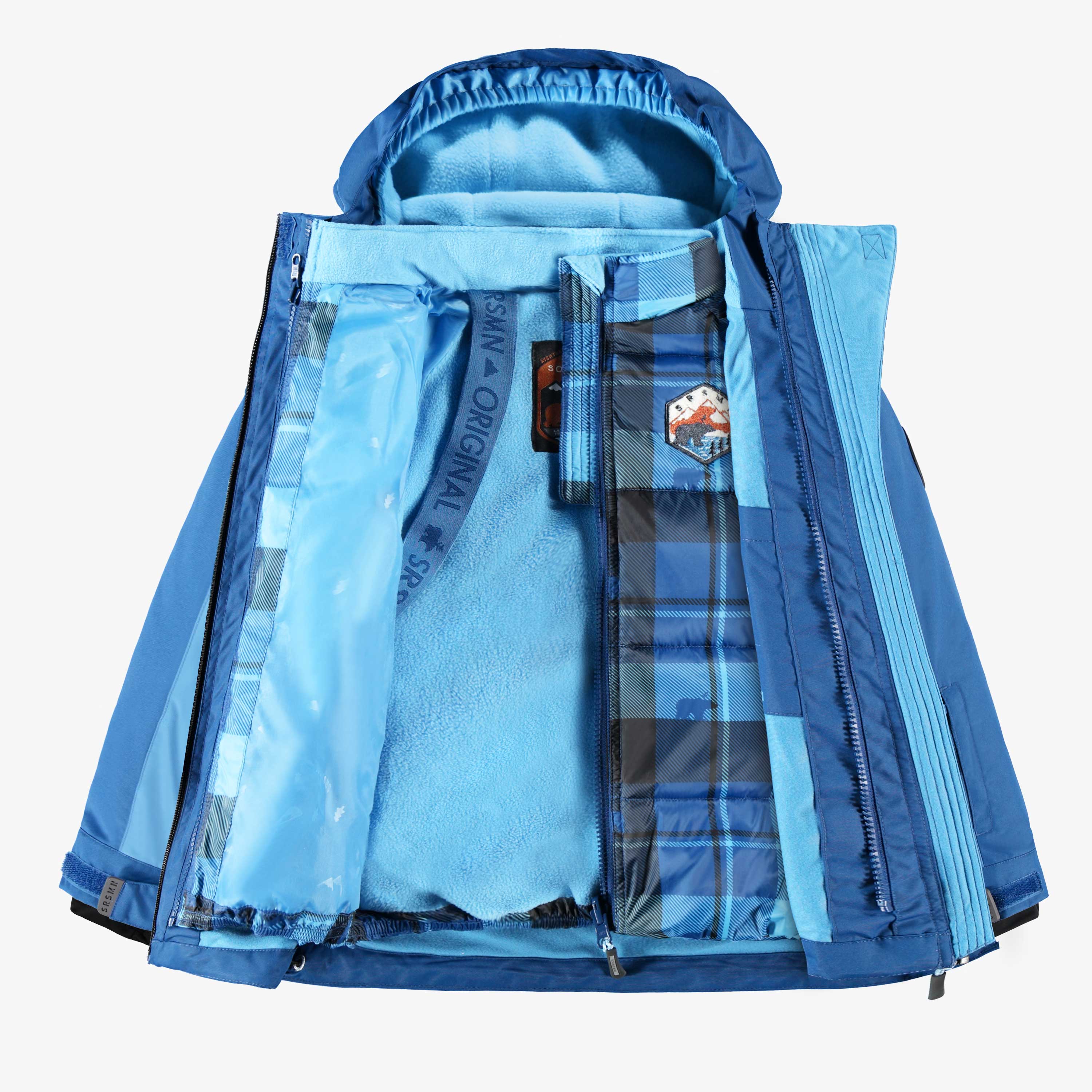 Intérieur des manteaux de l'habit de neige 3 en 1 bleu, carreaux et noir, enfant ||