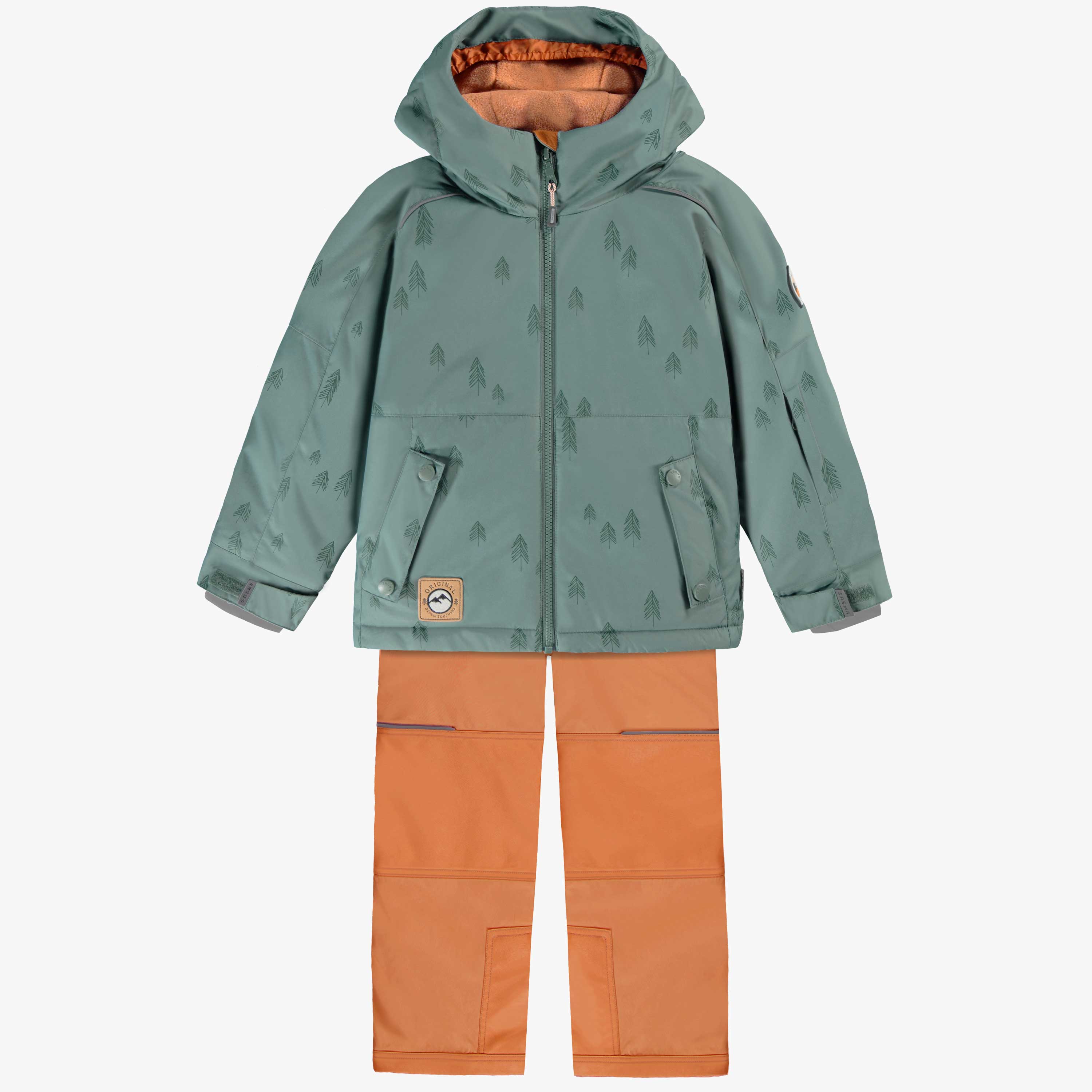 Habit de neige deux pièces vert avec motifs de sapins, enfant