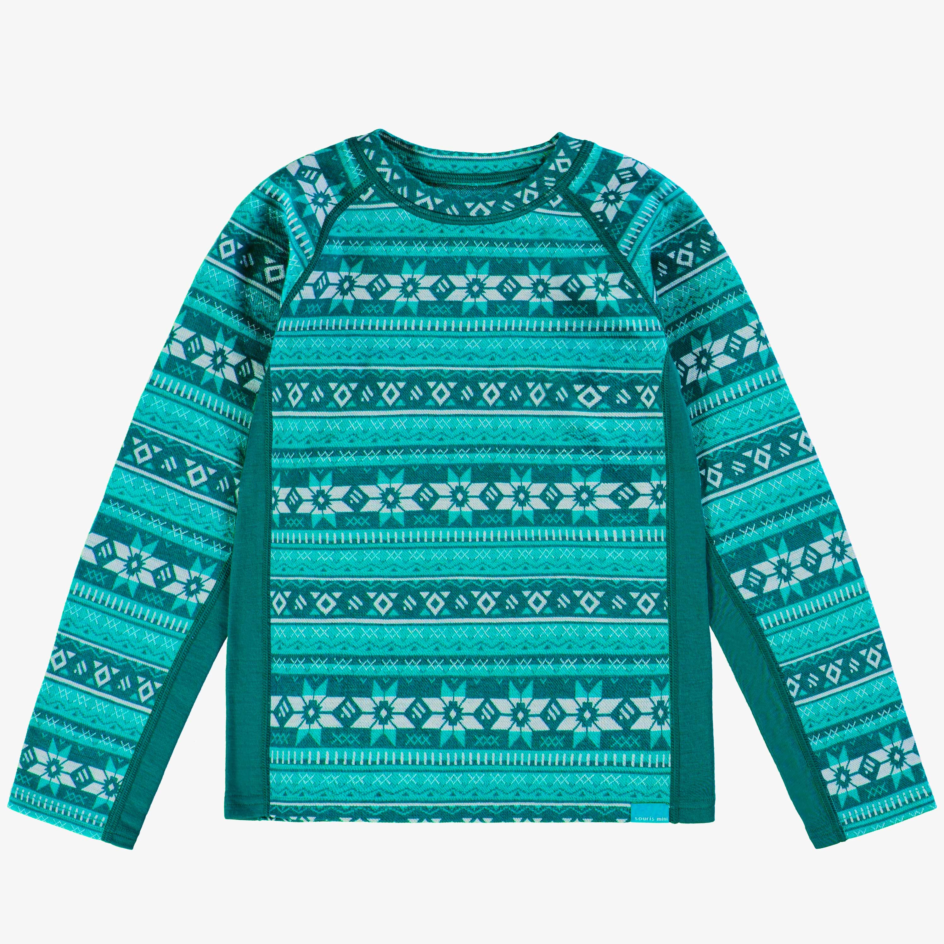 Chandail turquoise en laine mérinos avec motifs jacquard, enfant