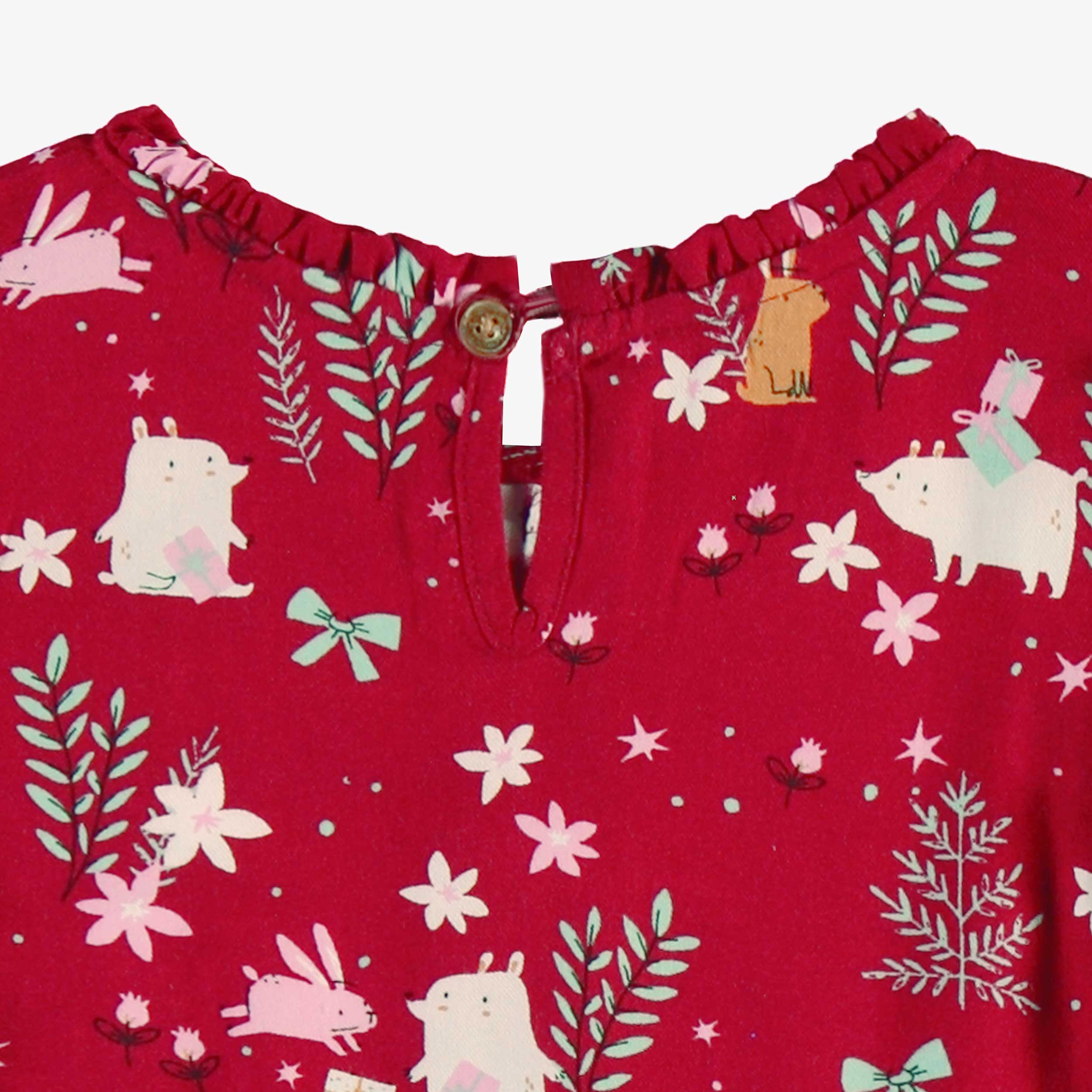 Zoom détails de la robe rouge à motifs festifs, enfant