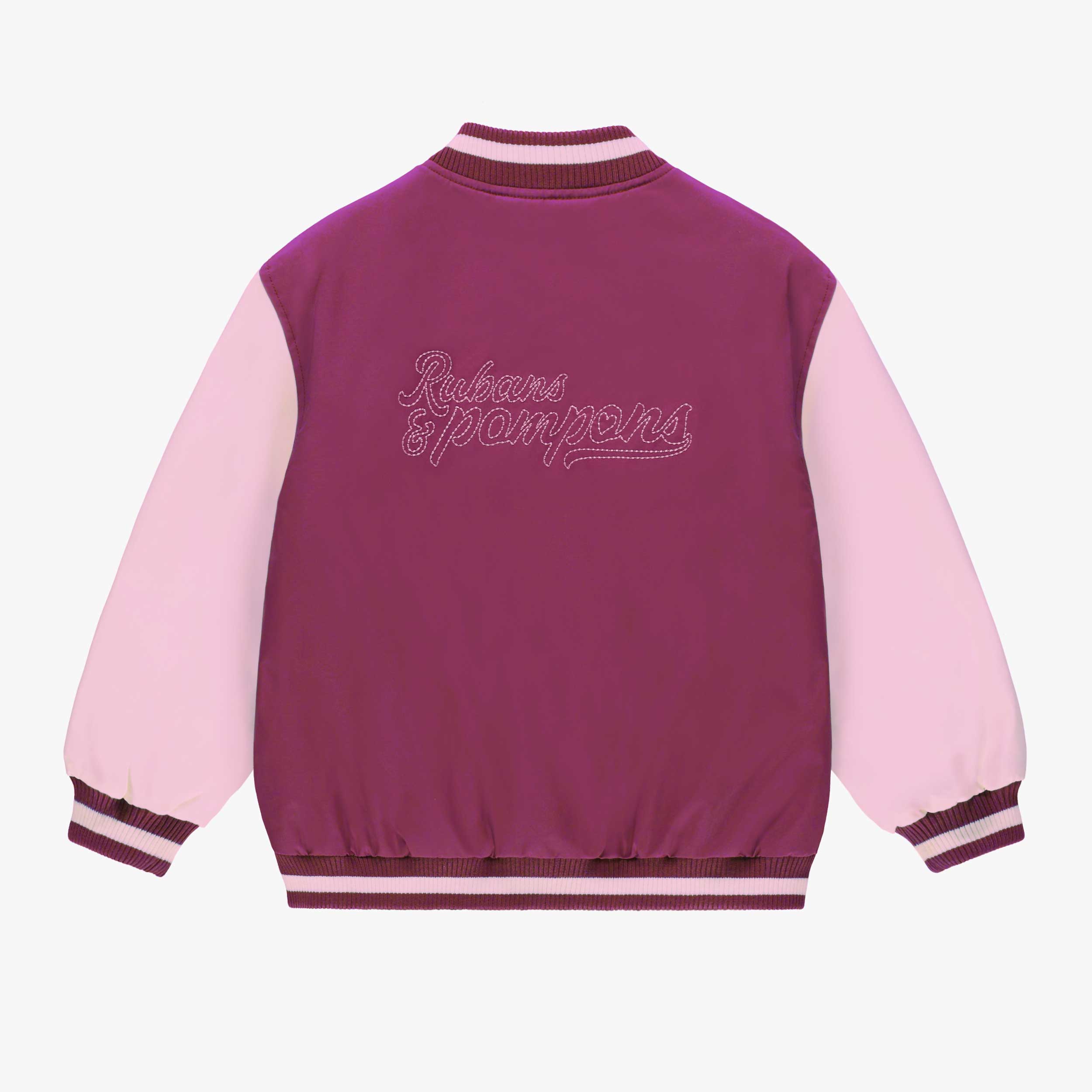 Dos du blouson bomber mauve et rose, enfant