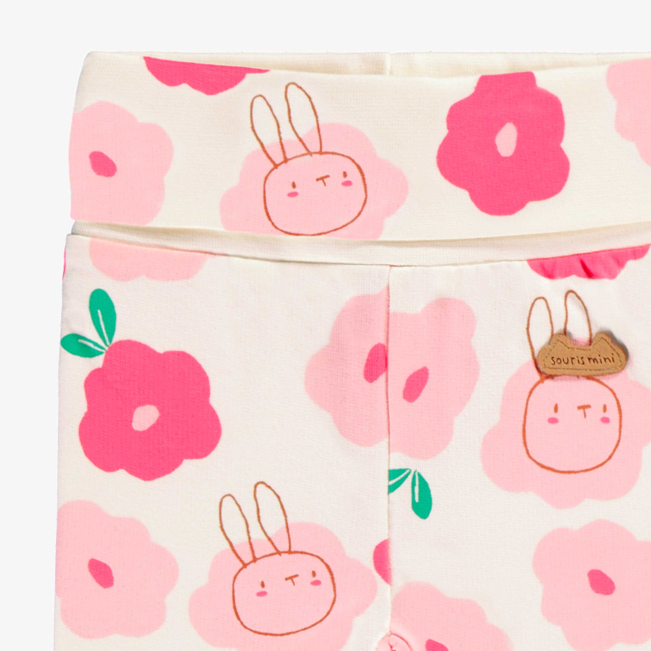 Zoom détails du pantalon évolutif crème à motif floral, naissance