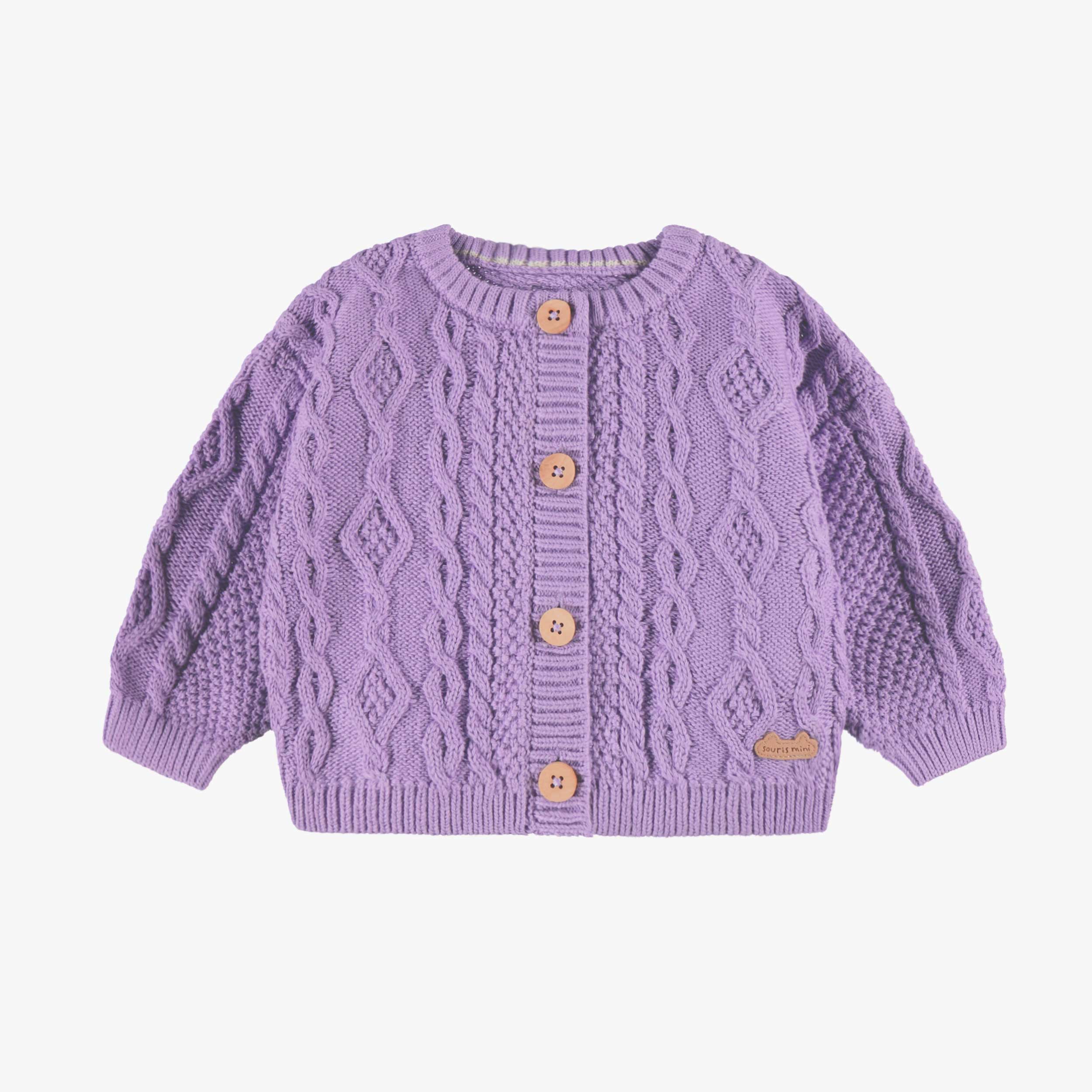 Cardigan mauve en tricot torsadé, bébé