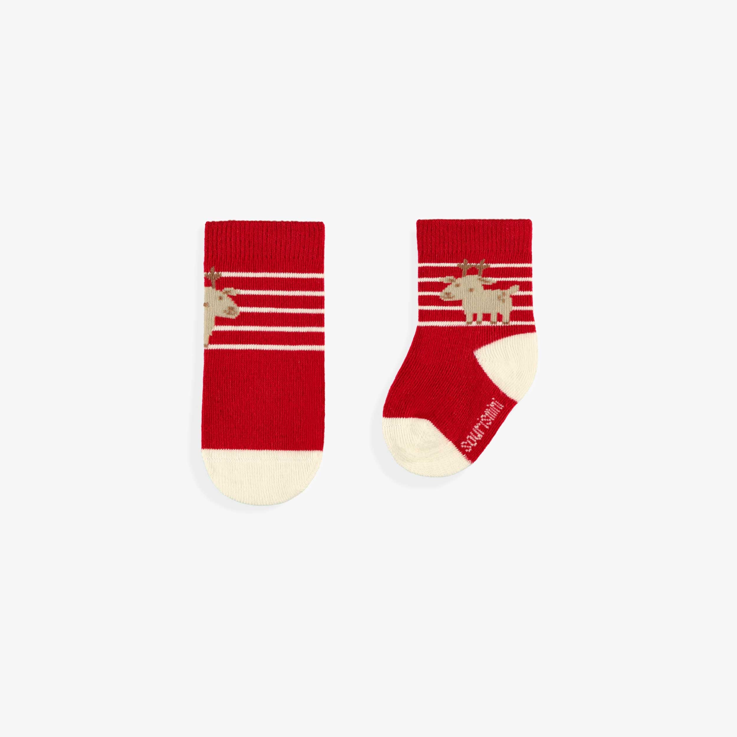Chaussettes rouges à rayures avec renne, naissance