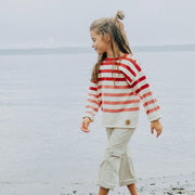Chandail de maille à manches longues avec rayures crème, rose et rouge, enfant || Cream, pink and red striped long sleeves knit sweater, child
