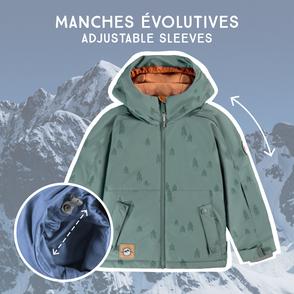 Green two-piece snowsuit with fir tree all over print, child